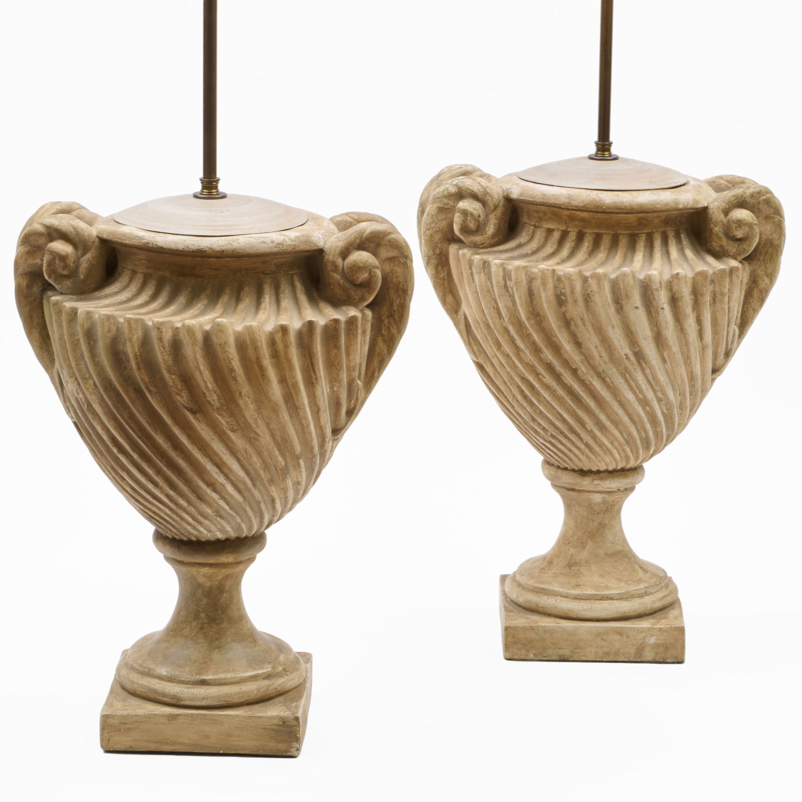 Pair of Neoclassical Style Composite Urns Mounted as Lamps: Pair of Neoclassical Style Composite Urns Mounted as Lamps 29 x 14 1/2 x 10 in. (to socket).