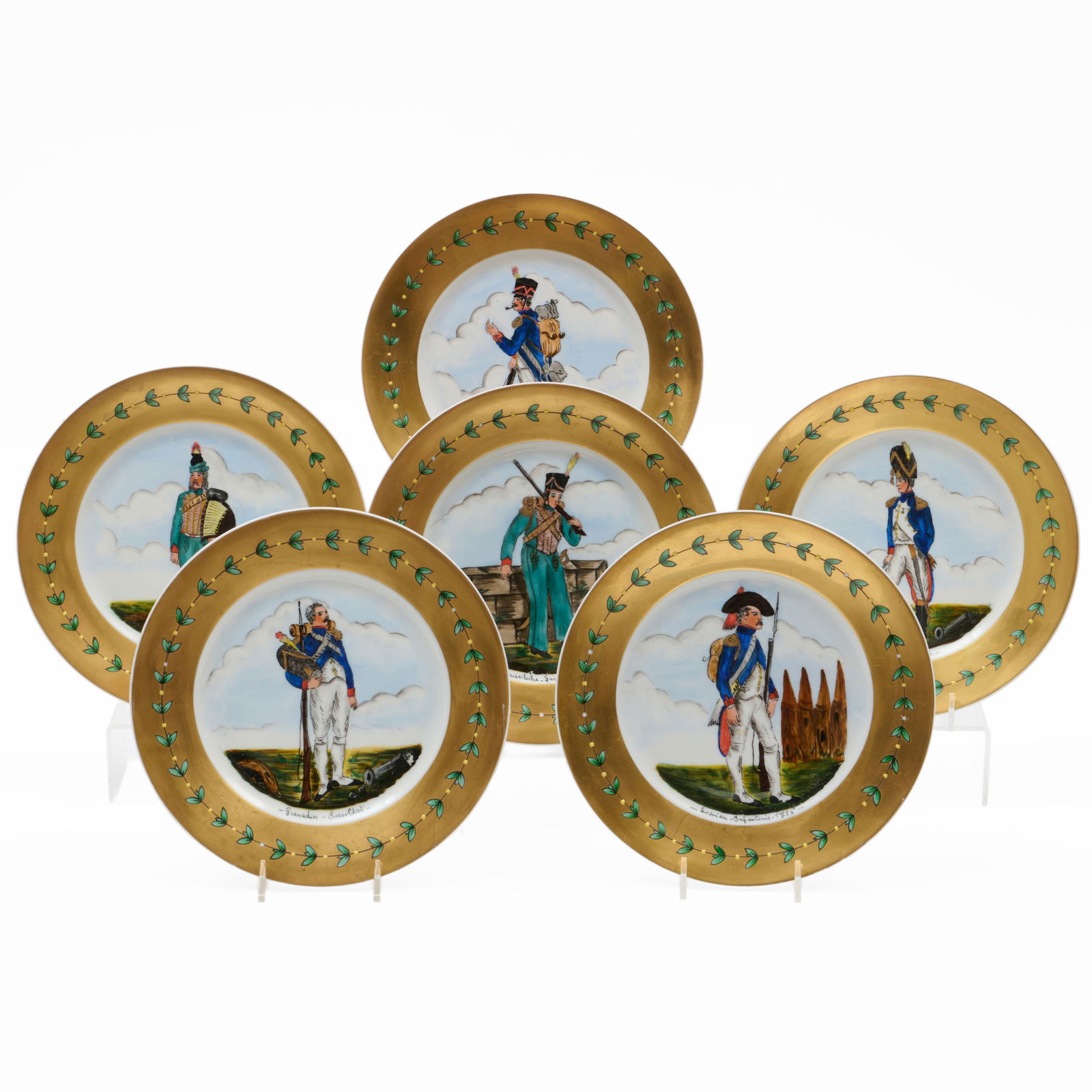 Set of Six Limoges Outside Decorated Dessert Plates with Military Themes (1 of 19)
