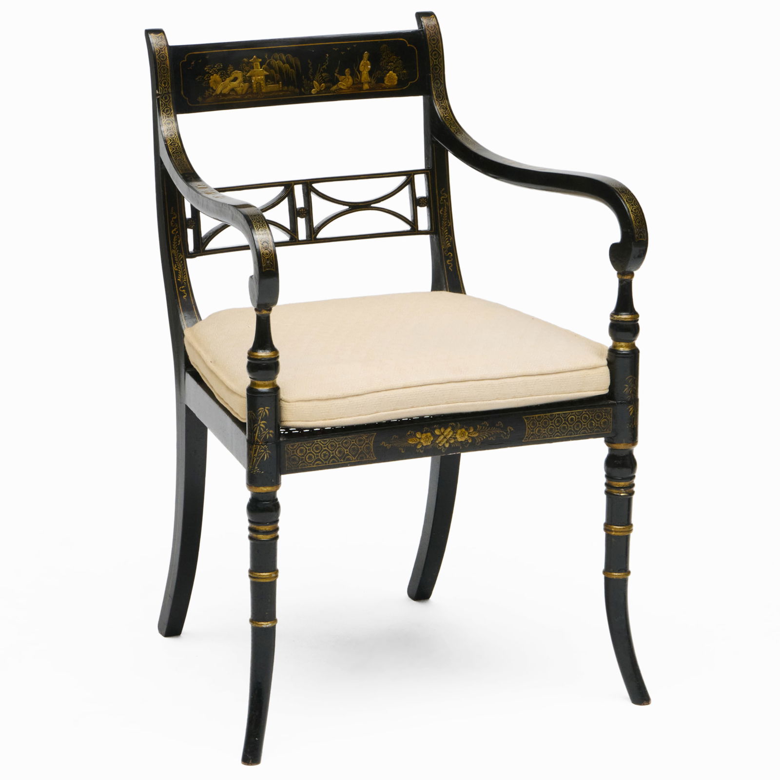 Regency Style Black and Gilt-Japanned Caned Armchair: Regency Style Black and Gilt-Japanned Caned Armchair 34 x 24 x 22 1/2 in., seat height 18 1/2 in.
