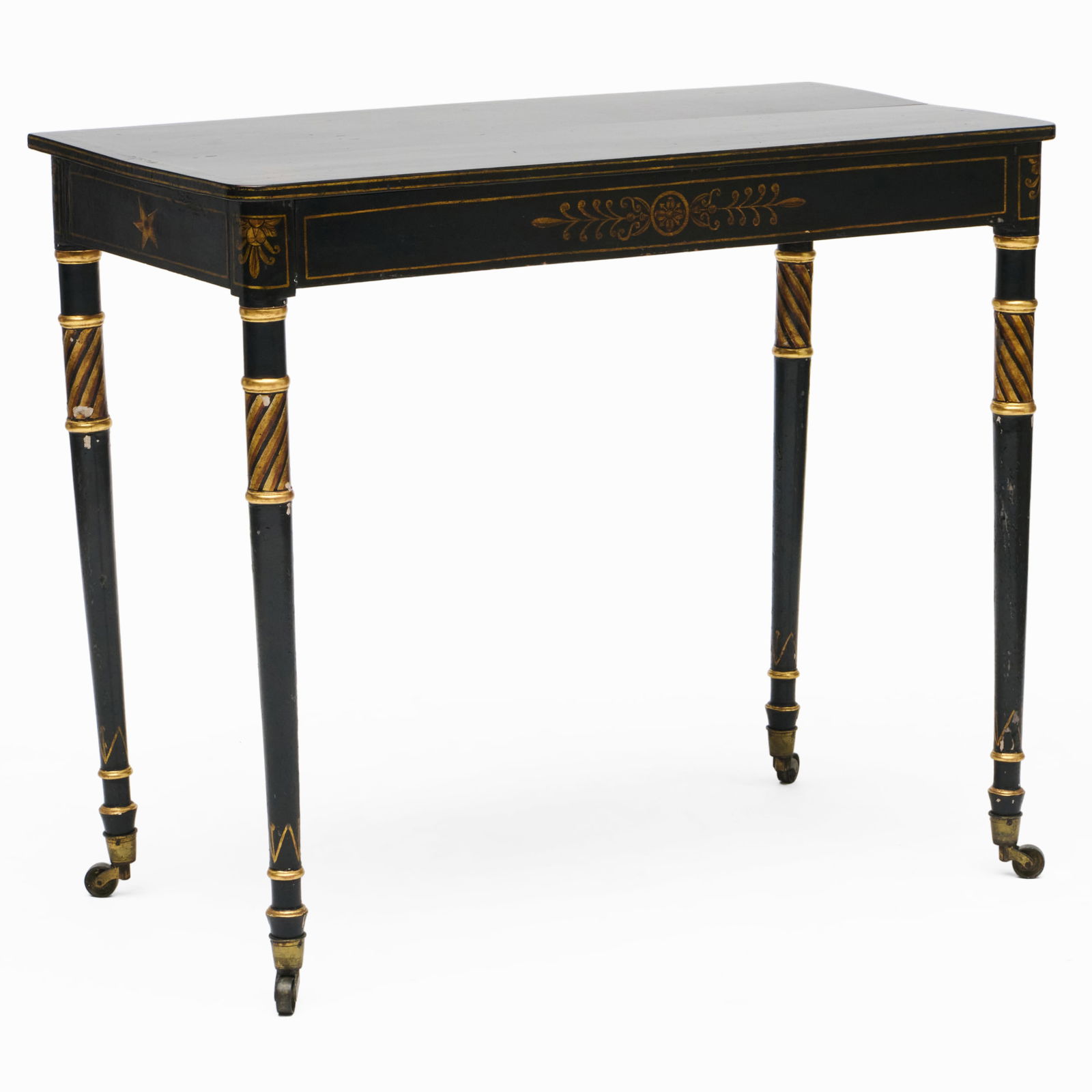 Regency Black and Gilt Painted Console Table: Regency Black and Gilt Painted Console TableRaised on casters.30 x 35 3/4 x 17 1/2 in.