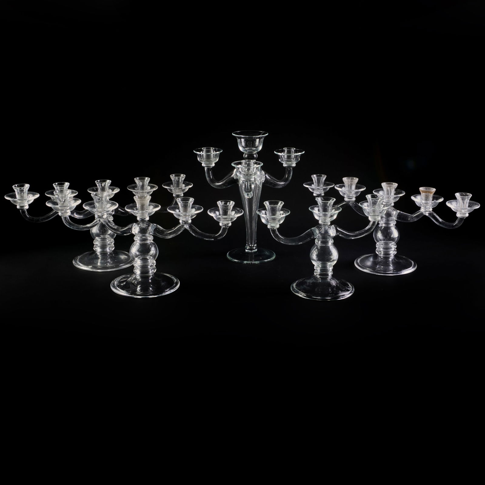 Group of Five Large Belgian Cleybergh Glass Candelabra: Group of Five Large Belgian Cleybergh Glass CandelabraEtched marks.Comprising:A central four-light candelabraA smaller three-light candelabraThree five-light candelabraThe central four-light
