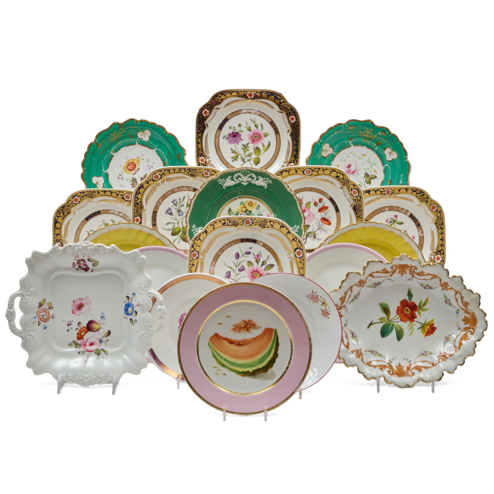Assorted Group of English Porcelain Gilt Plates Decorated with Flowers and Melons (1 of 20)