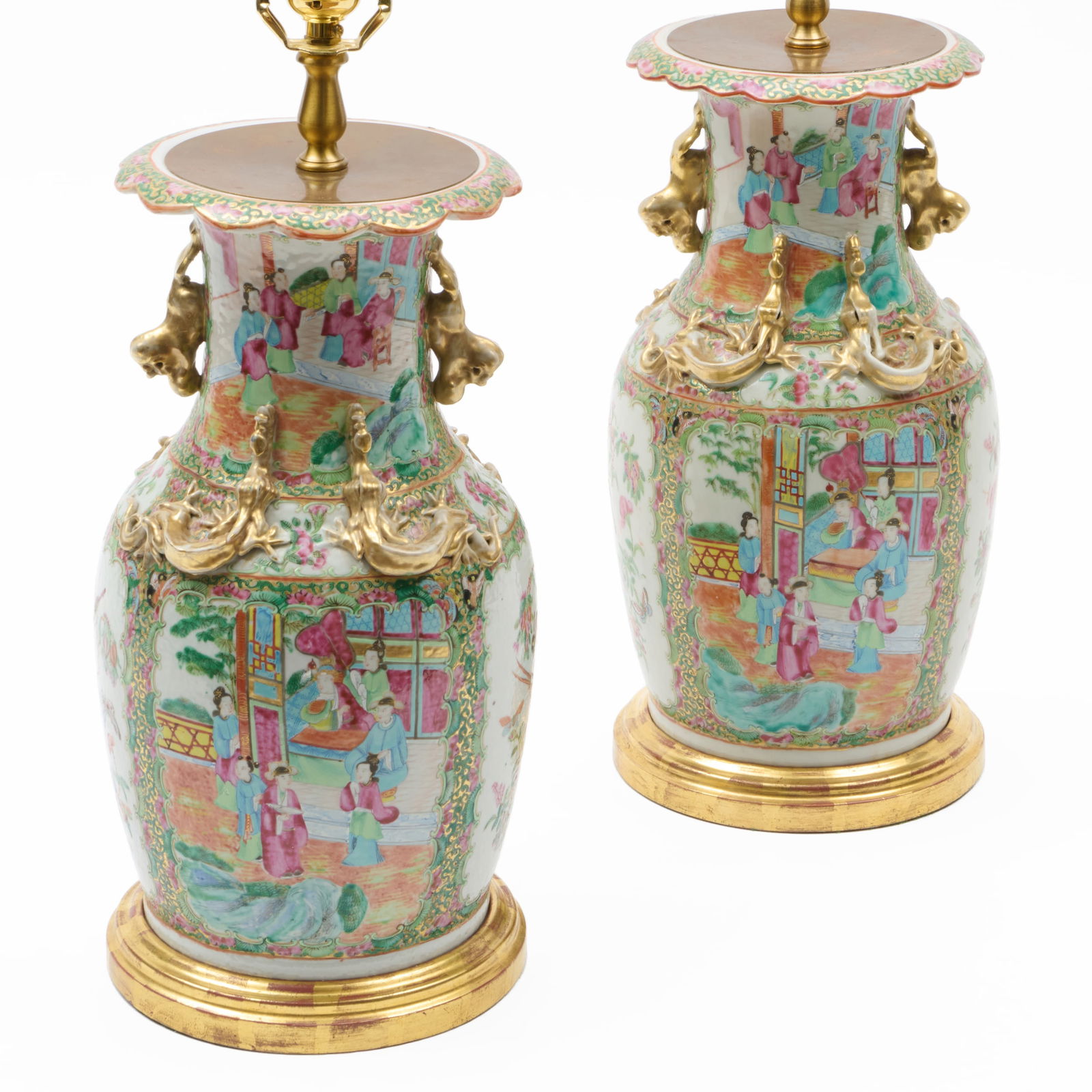 Pair of Chinese Export Rose Medallion Vases Mounted as Lamps: Pair of Chinese Export Rose Medallion Vases Mounted as Lamps 19 1/2 x 7 in. diam. The Collection of James M. Labaugh Antiques, Pound Ridge, NY.