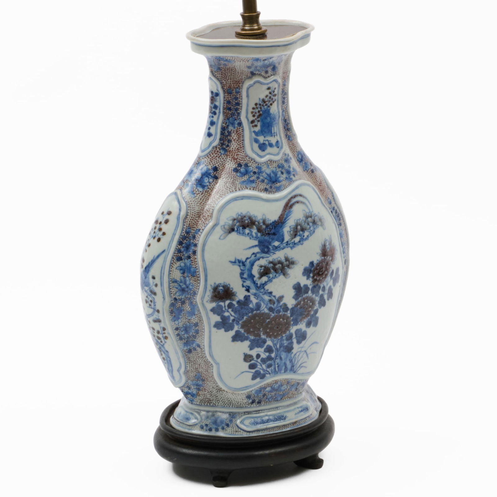 Chinese Export Flattened Baluster Vase Mounted as a Lamp: Chinese Export Flattened Baluster Vase Mounted as a Lamp15 3/4 in. x 8 1/2 x 5 1/2 in. (to top of vase). The Collection of James M. Labaugh Antiques, Pound Ridge, NY.
