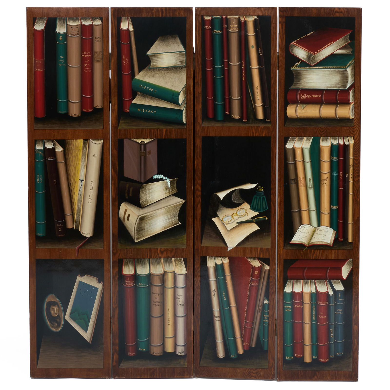 Contemporary Painted Oak Trompe L'oeil Four Panel Folding Screen: Contemporary Painted Oak Trompe L'oeil Four Panel Folding Screen 6 ft. 1/4 in. x 16 in., each panel.