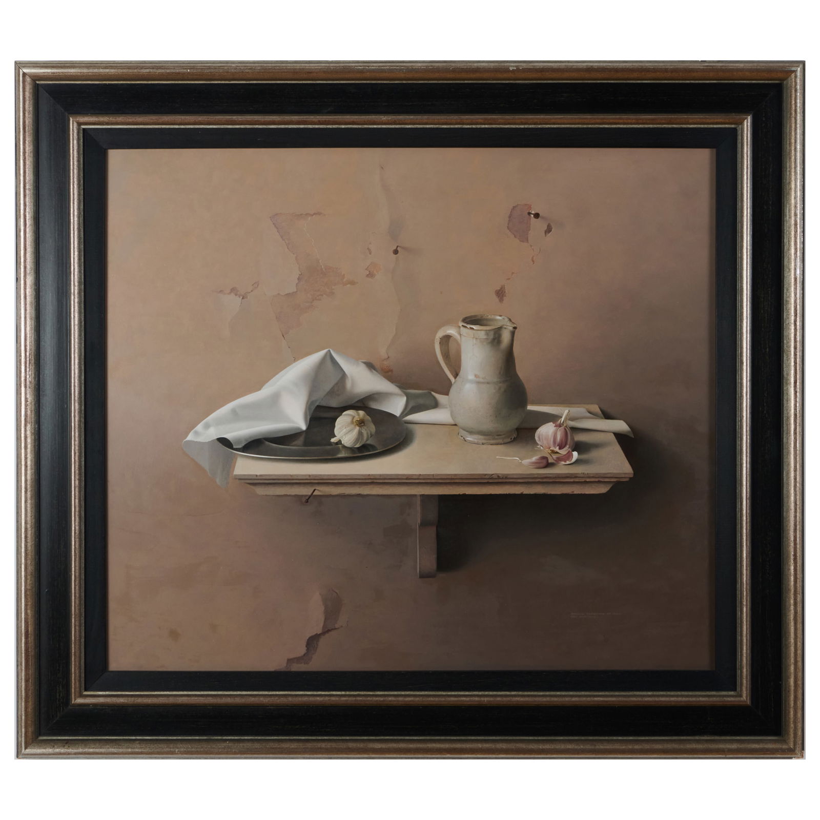 Hendrick Brandtsoen (b. 1941): Composition with Garlic: Hendrick Brandtsoen (b. 1941): Composition with GarlicOil on board, 1986, signed 'Hendrick Brandtsoen' and dated lower right, with label from Alexander F. Milken, Inc., NY.23 1/4 x 27 in., 35 x 31