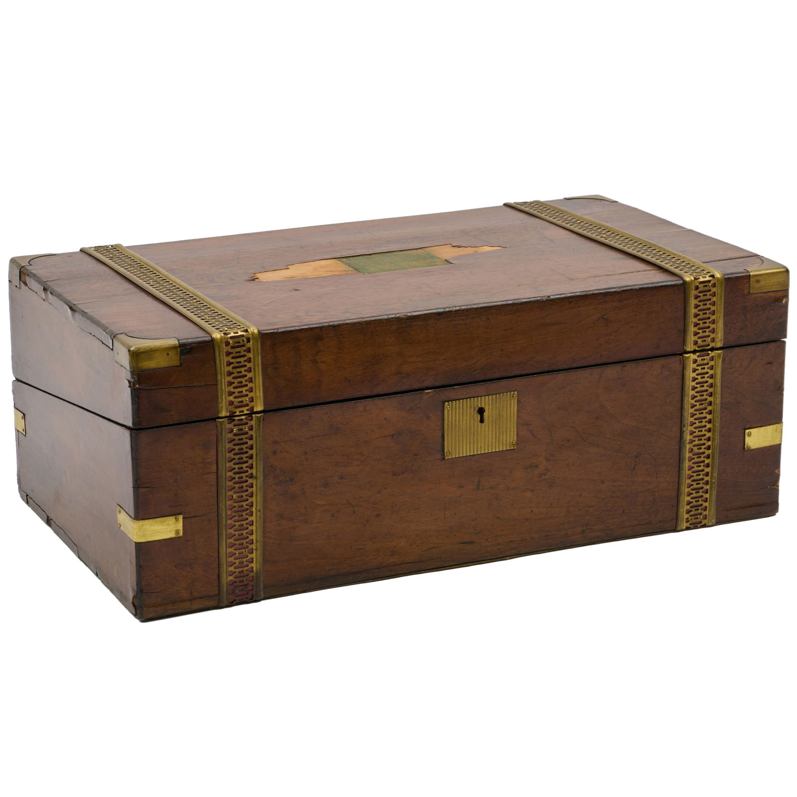 Victorian Brass-Mounted Walnut Lap Desk: Victorian Brass-Mounted Walnut Lap Desk Fitted with an inset gilt-tooled leather writing surface. 7 x 18 x 10 in.