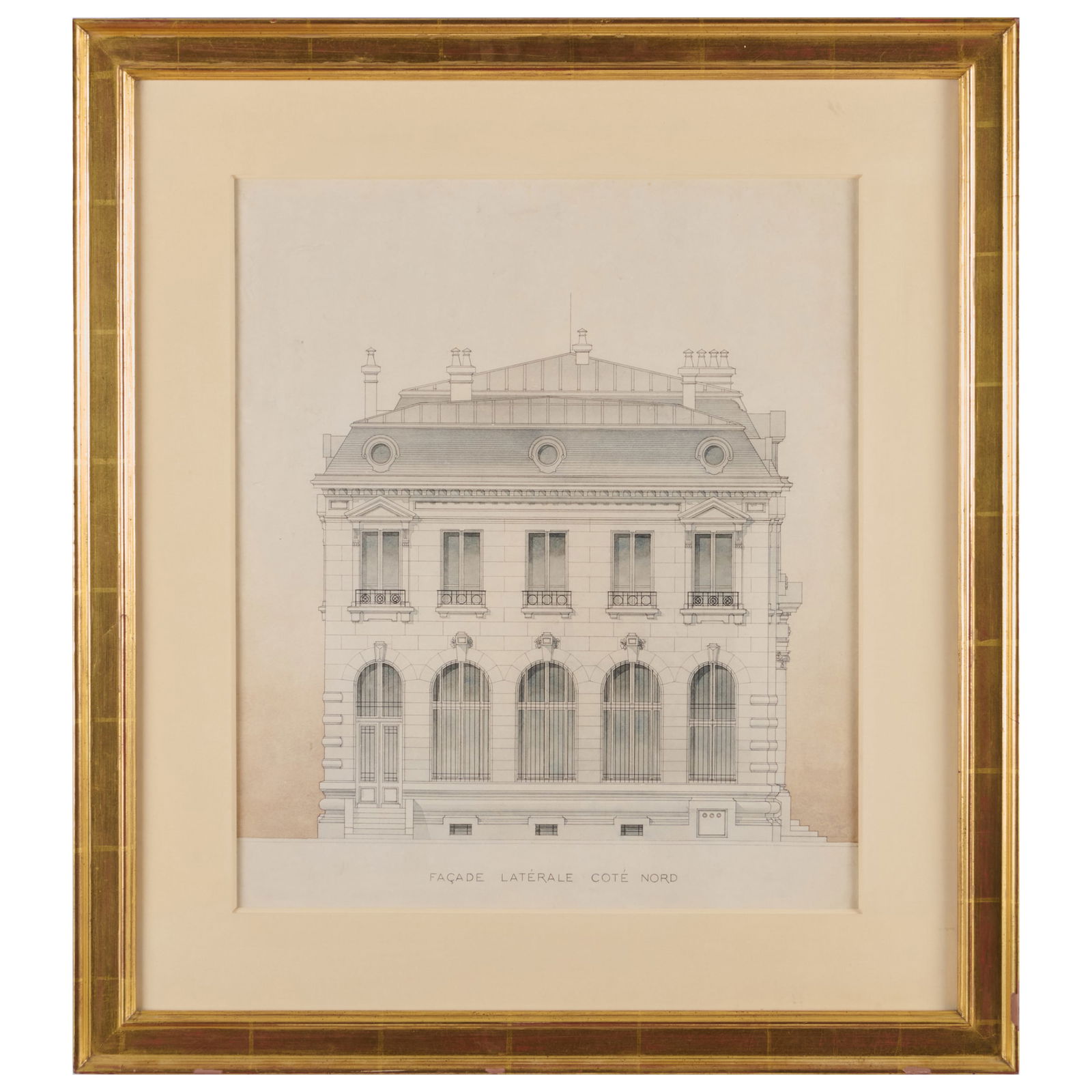 French School: Facade Laterale Cote Nord: French School: Facade Laterale Cote NordInk and wash on paper, unsigned.18 5/8 x 16 in. (sight), 26 7/8 x 24 in. (frame).