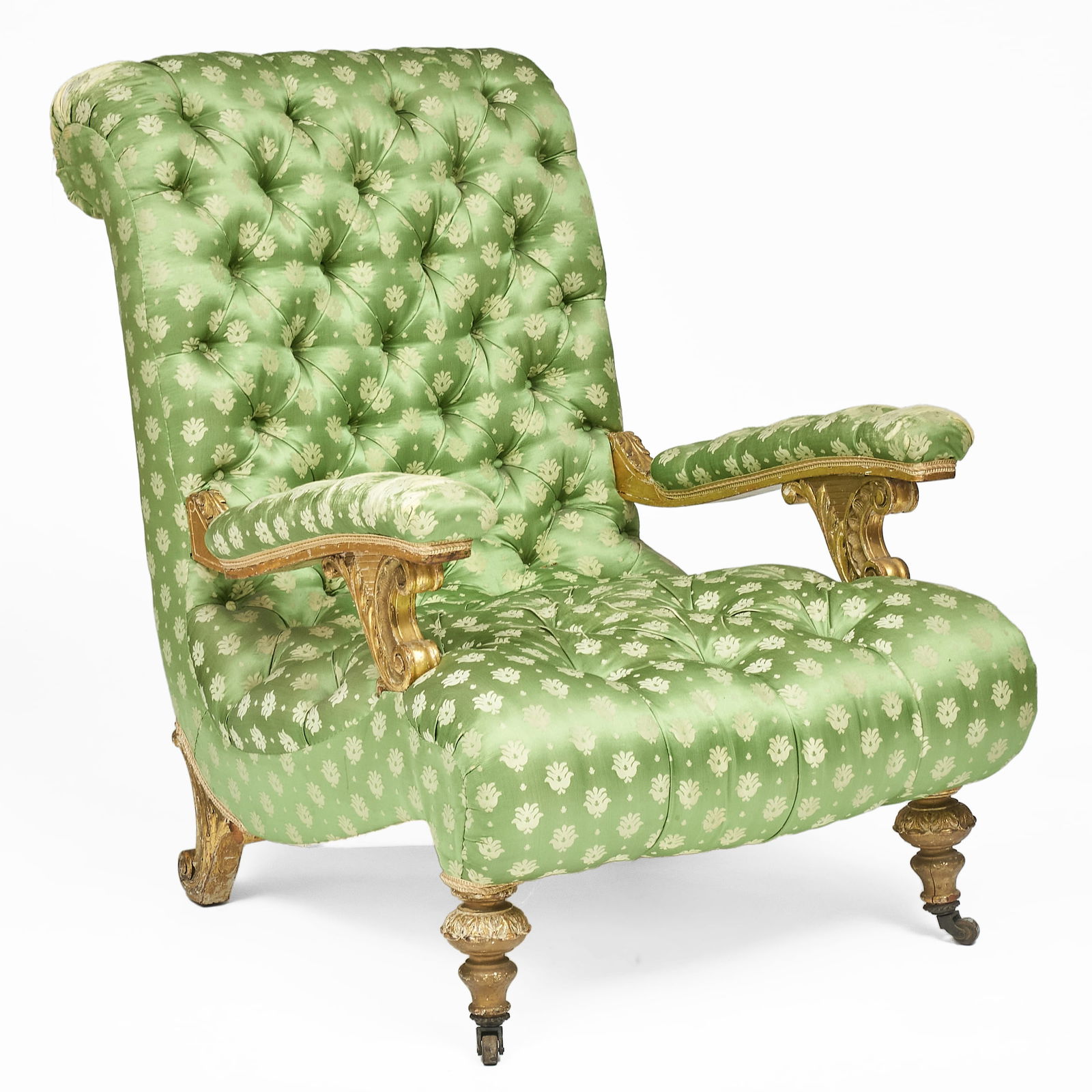 Victorian Giltwood and Silk Damask Tufted Upholstered Armchair: Victorian Giltwood and Silk Damask Tufted Upholstered Armchair Front legs raised on casters. 39 x 30 1/2 x 44 in., seat height 16 in.