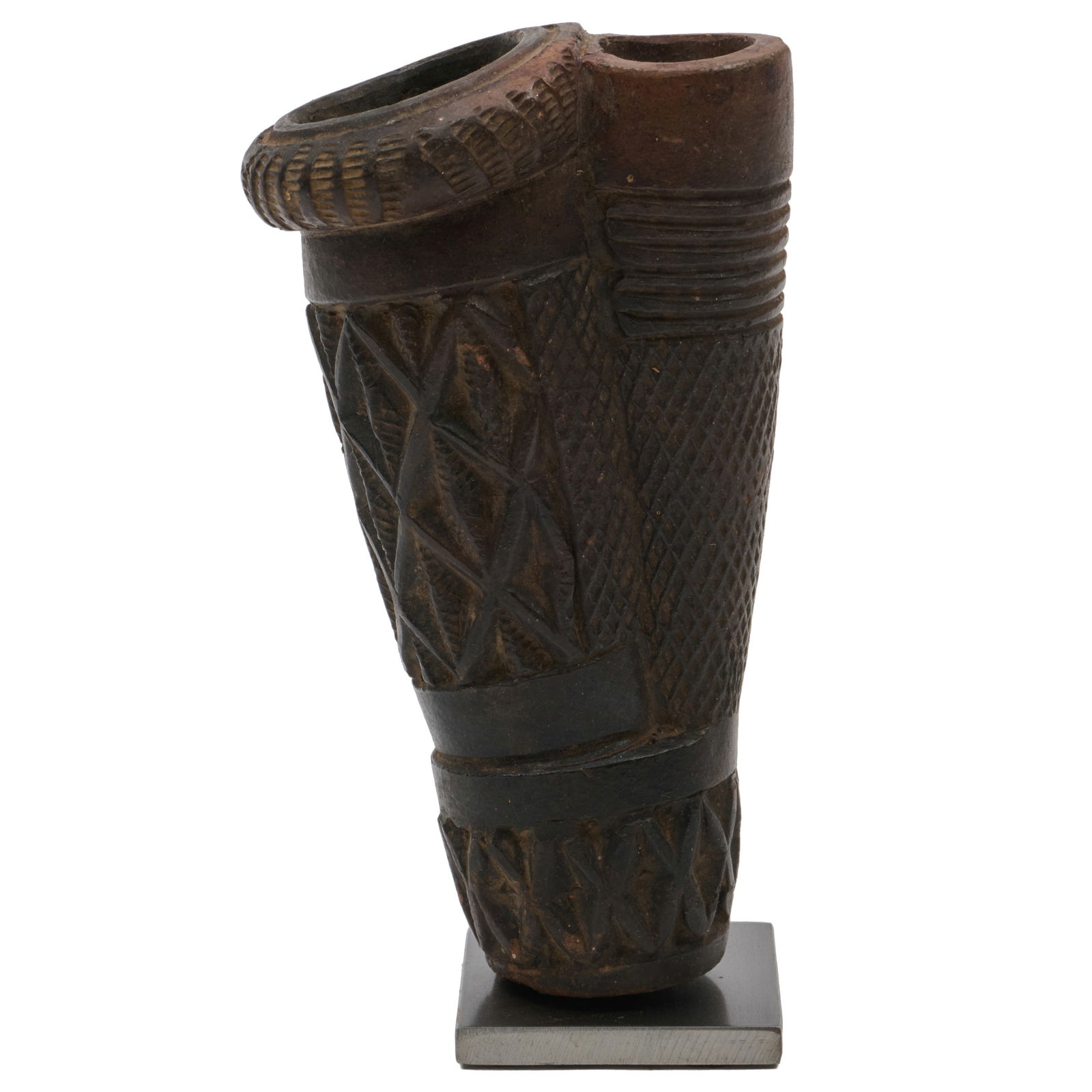 African Grassfields Pottery Tobacco Pipe, Probably Cameroon: African Grassfields Pottery Tobacco Pipe, Probably CameroonOn custom stand.6 1/2 x 3 1/2 x 2 1/4 in. (overall).