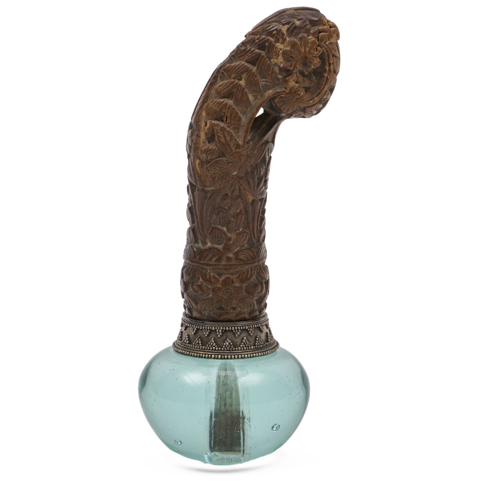 Mughal Style Carved Wood Cane Handle on Glass Stand: Mughal Style Carved Wood Cane Handle on Glass StandThe cane handle 4 3/4 x 2 x 1 in., 5 1/4 x 2 in. diam. (overall).