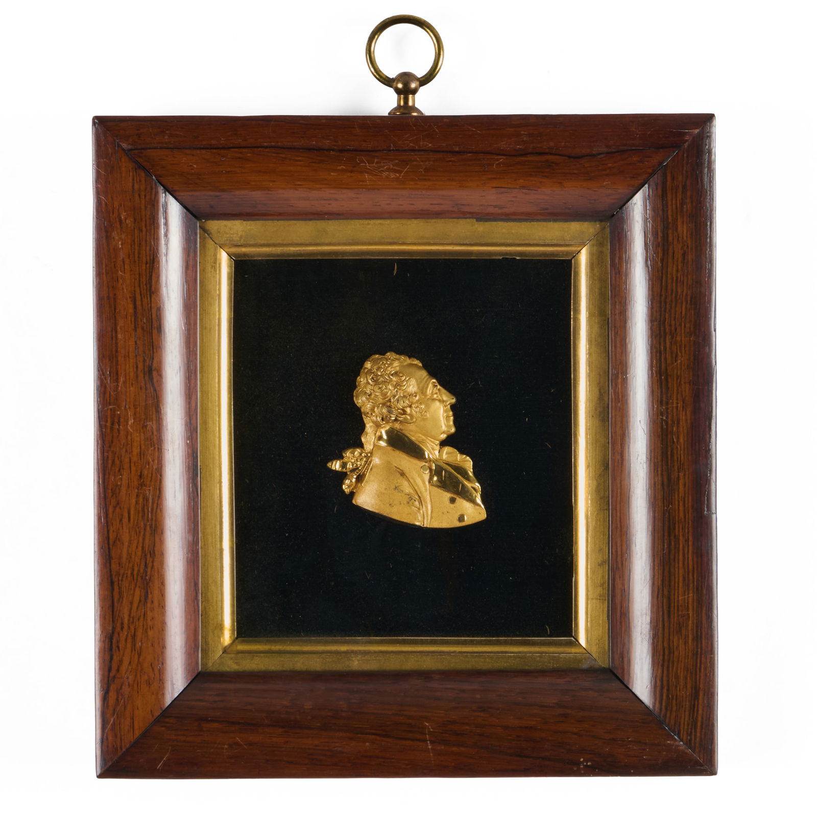 Pair of Cast Gilt Bronze Portrait Reliefs of Gentlemen: Pair of Cast Gilt Bronze Portrait Reliefs of GentlemenIn Rosewood frames.The larger 9 3/8 x 8 3/4 in. (frame), the reliefs each approx. 2 1/2 x 2 in.