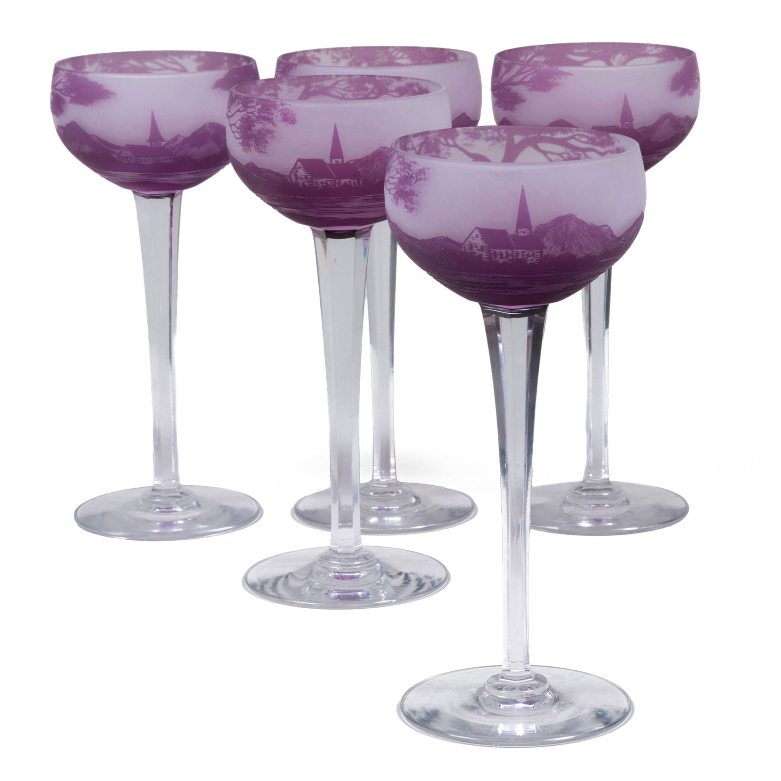 Set of Five Daum Cameo Wine Glasses: Set of Five Daum Cameo Wine Glasses Acid stamp and with cross of Lorraine. 7 1/2 x 3 1/4 in. diam. Sold STAIR, Hudson, NY, November 2, 2023, Lot 63.