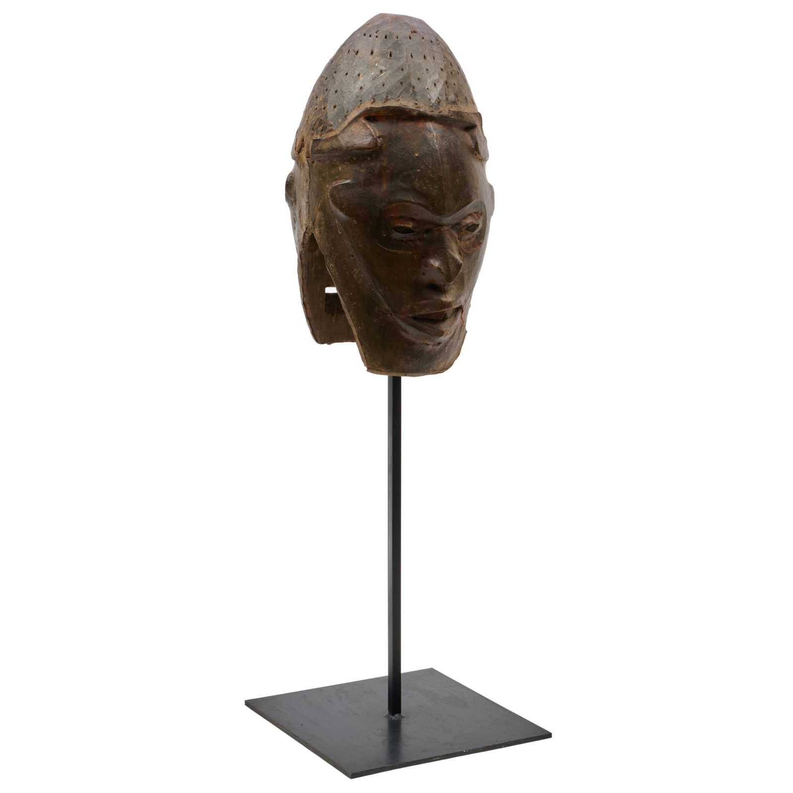 African Metal-Mounted Carved Hardwood and Leather Double-Sided Mask on Stand: African Metal-Mounted Carved Hardwood and Leather Double-Sided Mask on Stand 36 x 9 1/2 x 11 3/4 in., the mask. 12 x 11 1/2 in., the base.