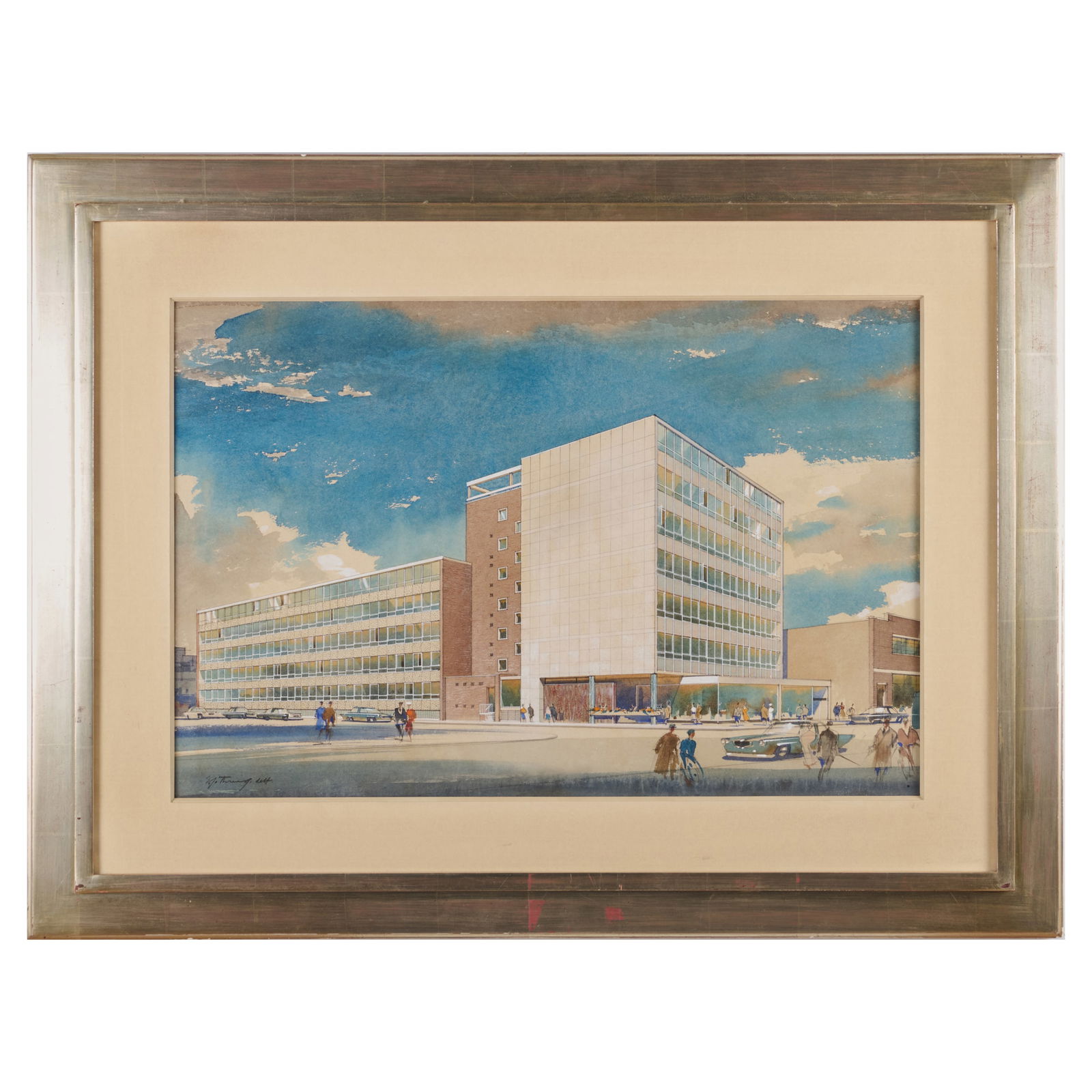 Edmund Thring (1906-1985): Exterior Rendering of a Modern Building: Edmund Thring (1906-1985): Exterior Rendering of a Modern Building Ink and watercolor with gouache highlights on paper, signed 'Ed Thring' lower left. 18 x 27 in. (sight), 28 1/2 x 37 1/2 in. (frame).