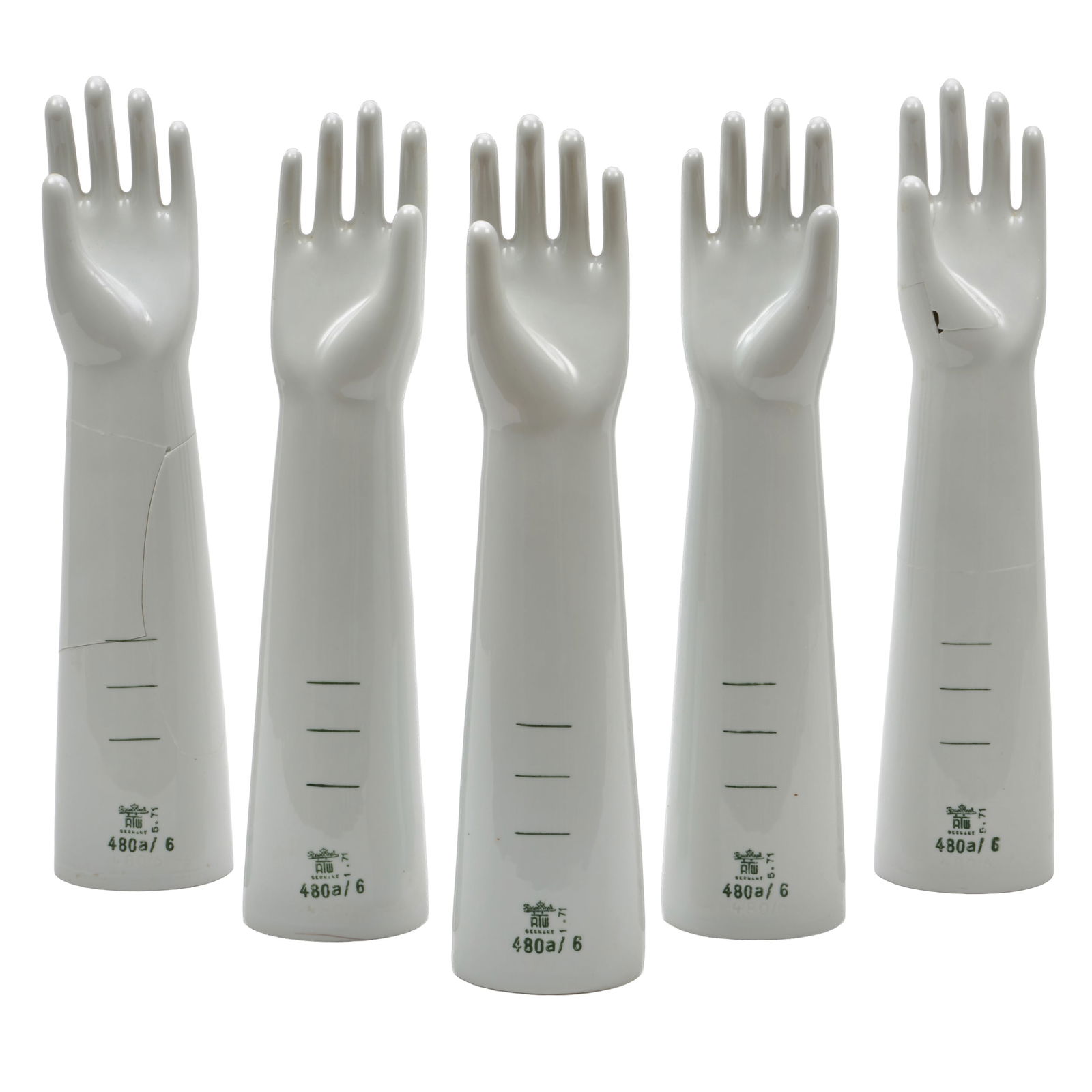 Group of Five Rosenthal White Glazed Porcelain Jewelry Display Arms: Group of Five Rosenthal White Glazed Porcelain Jewelry Display Arms Green printed marks. Each approx. 19 x 4 1/4 x 3 1/2 in.
