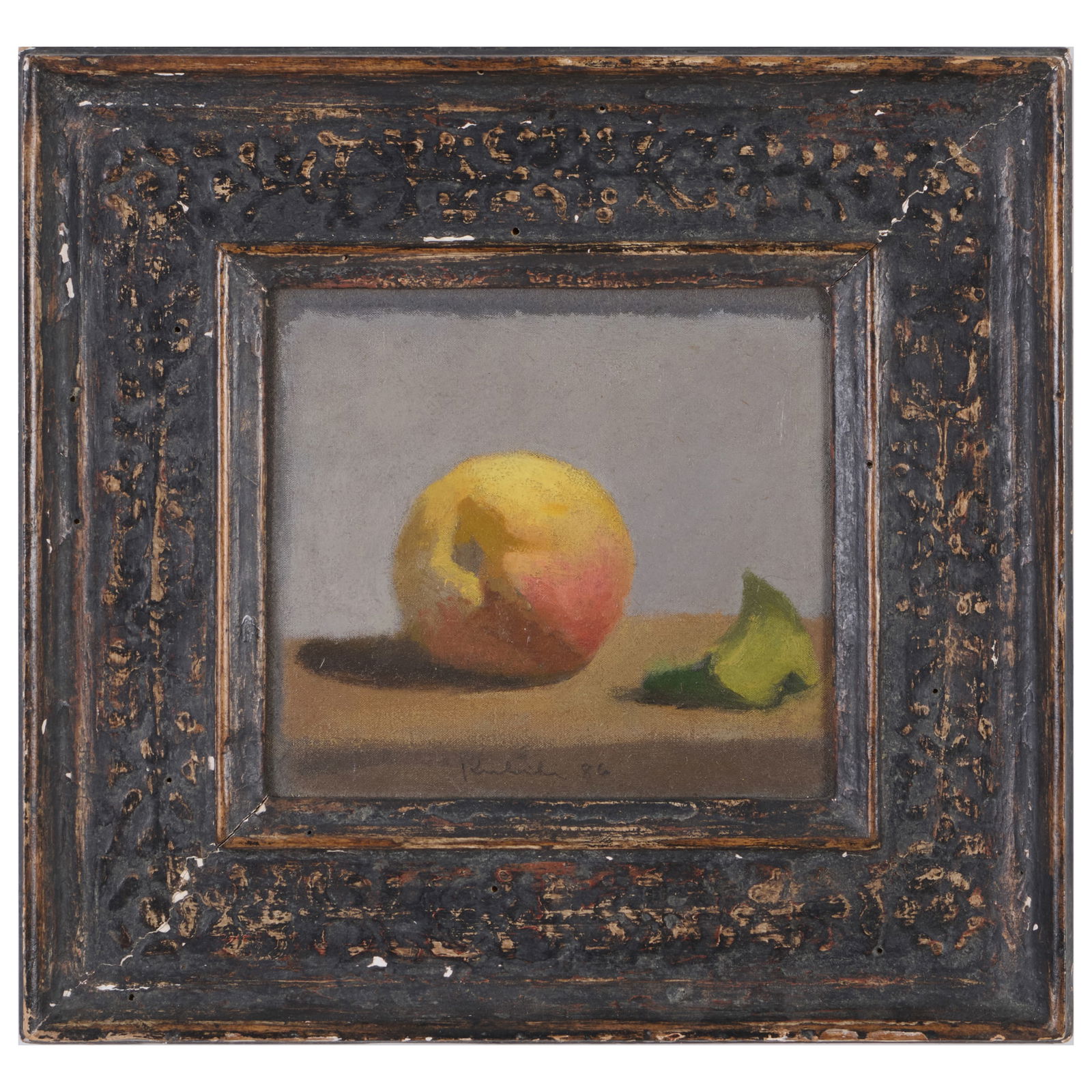 Robert Kulicke (1924-2007): Single Peach with Leaf: Robert Kulicke (1924-2007): Single Peach with LeafOil on silk mounted on Masonite, 1986, signed 'Kulicke' and dated lower center, with label from Davis & Langdale Company, NY.5 1/2 x 6 in., 9 3/4 x