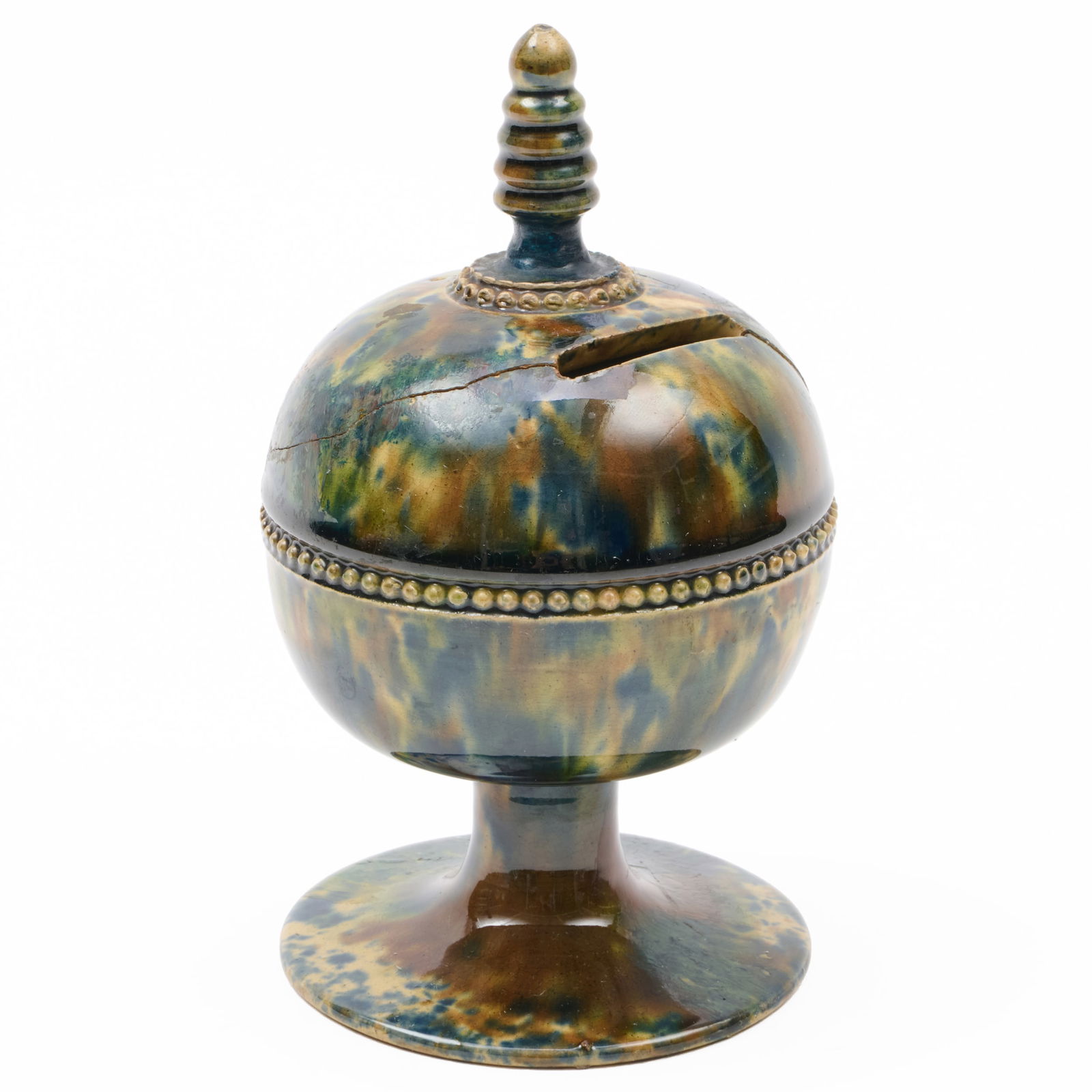 Whieldon Mottle Glazed String Holder: Whieldon Mottle Glazed String Holder Unmarked.7 x 4 in. diam. The Collection of Alan and Marilyn Bergman.