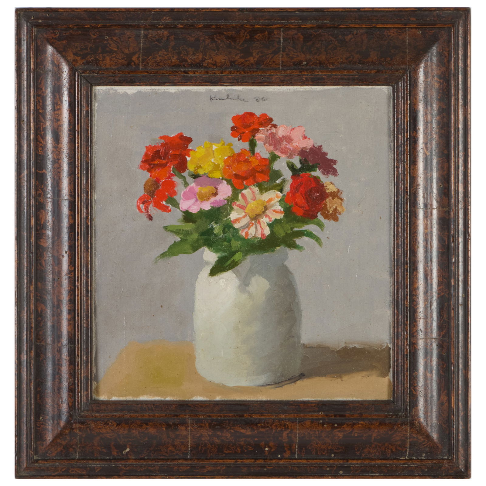 Robert Kulicke (1924-2007): Zinnias in a White Crock: Robert Kulicke (1924-2007): Zinnias in a White Crock Oil on silk mounted on Masonite, 1986, signed 'Kulicke' and dated upper center, with label from Davis & Langdale Company, NY. 10 x 9 5/9 in., 14 1/