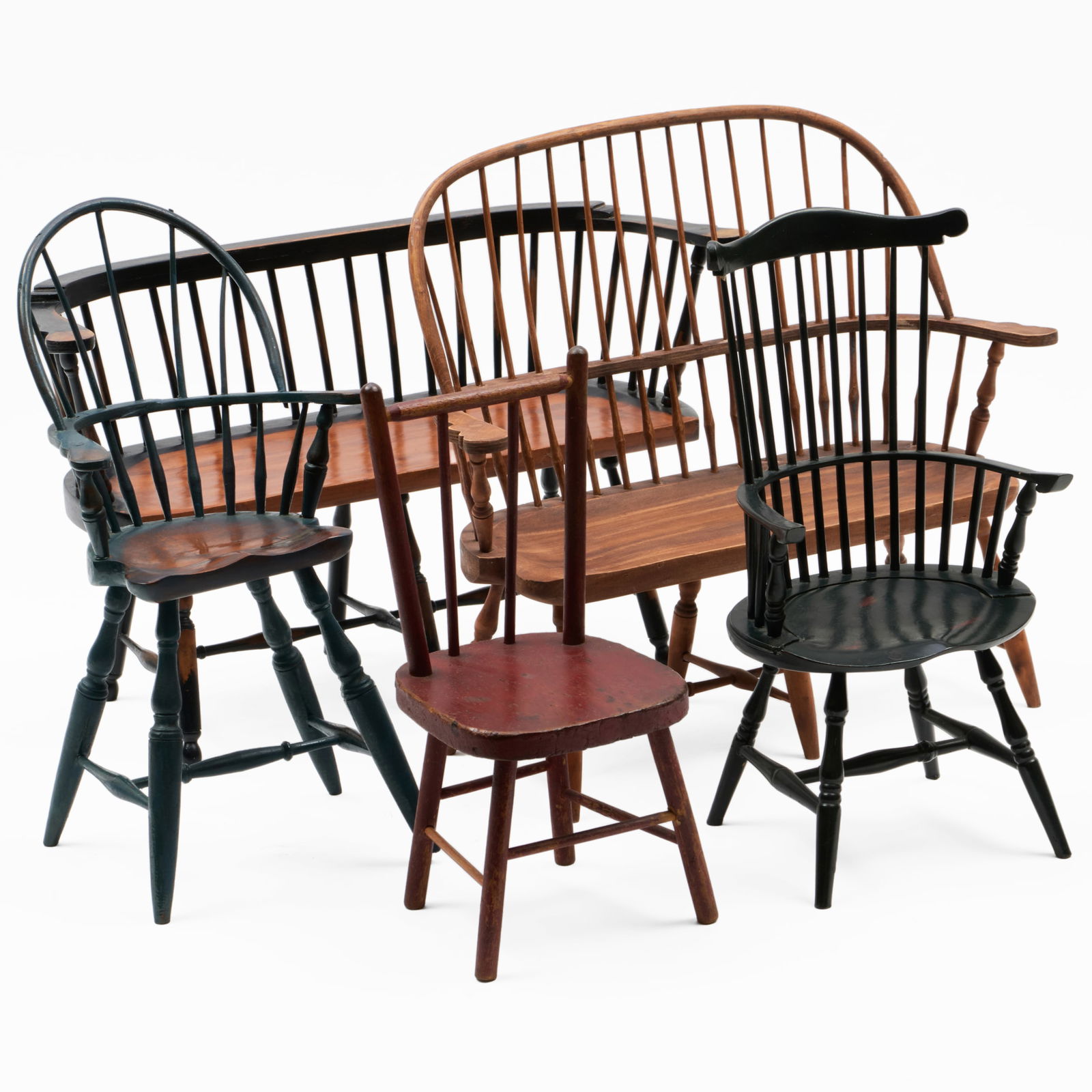 Group of Five Miniature Wooden Chairs and Benches: Group of Five Miniature Wooden Chairs and Benches The largest 15 x 17 1/2 x 7 in., the smallest 12 1/2 x 6 x 6 in. The Collection of Alan and Marilyn Bergman.