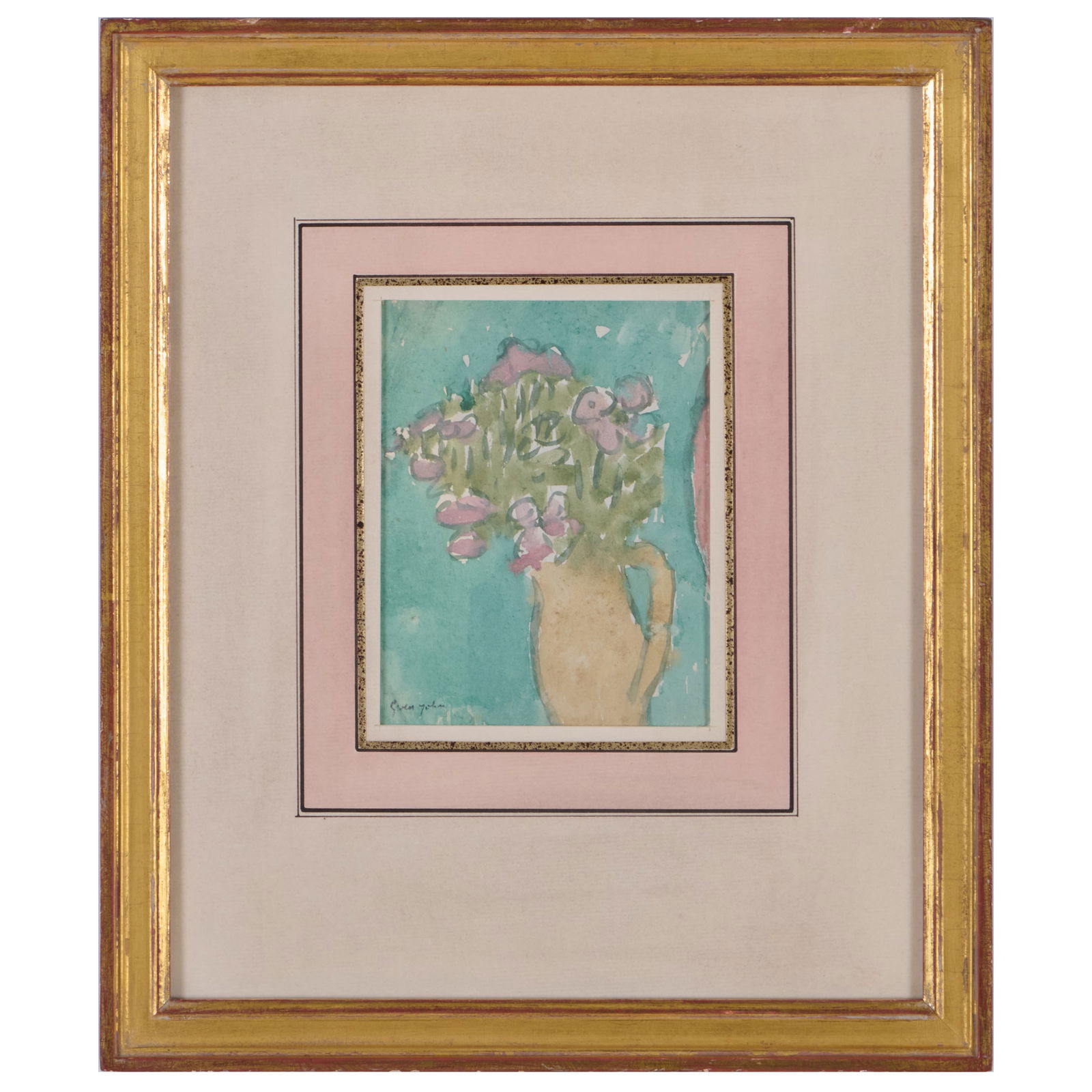 Gwen John (1876-1939): Purple Flowers in a Jug: Gwen John (1876-1939): Purple Flowers in a JugGouache and watercolor on paper, signed 'Gwen John' lower left, with label from Davis & Langdale Company, NY, with black ink and variously inscribed in