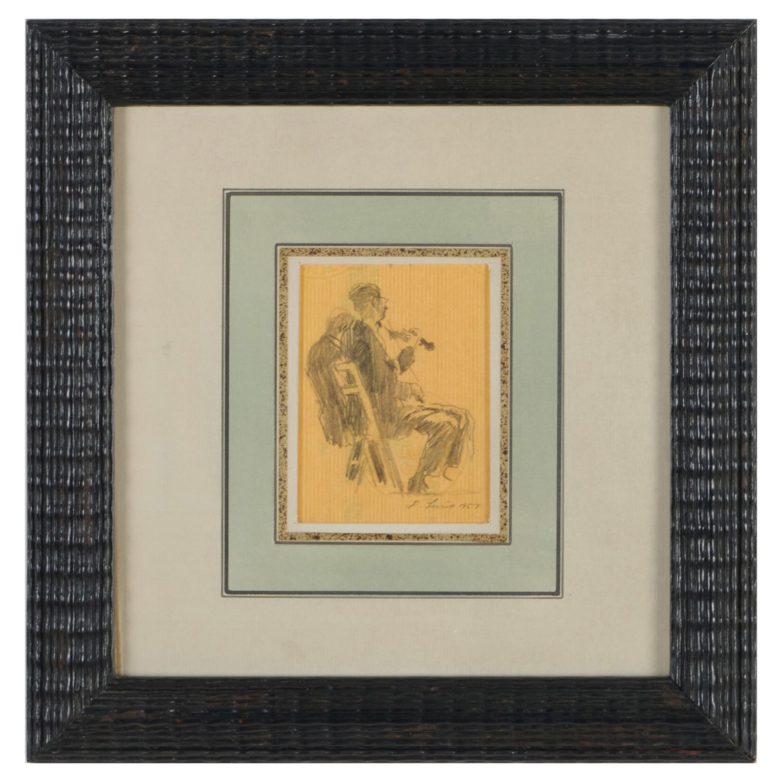 David Levine (1926-2009): The Musicians: David Levine (1926-2009): The Musicians Pencil on found paper, 1957, signed 'D. Levine' and dated lower right, with label from Davis & Langdale Company, NY. 3 1/2 x 2 5/8 in. (sight), 10 1/2 x 10 1/4