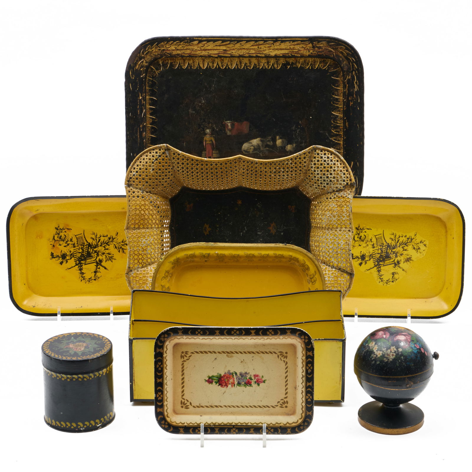 Group of Nine Tole Peinte Table Objects: Group of Nine Tole Peinte Table ObjectsThe largest 12 x 9 1/4 in., the smallest, 4 1/2 3 1/2 in. diam.The Collection of Alan and Marilyn Bergman.