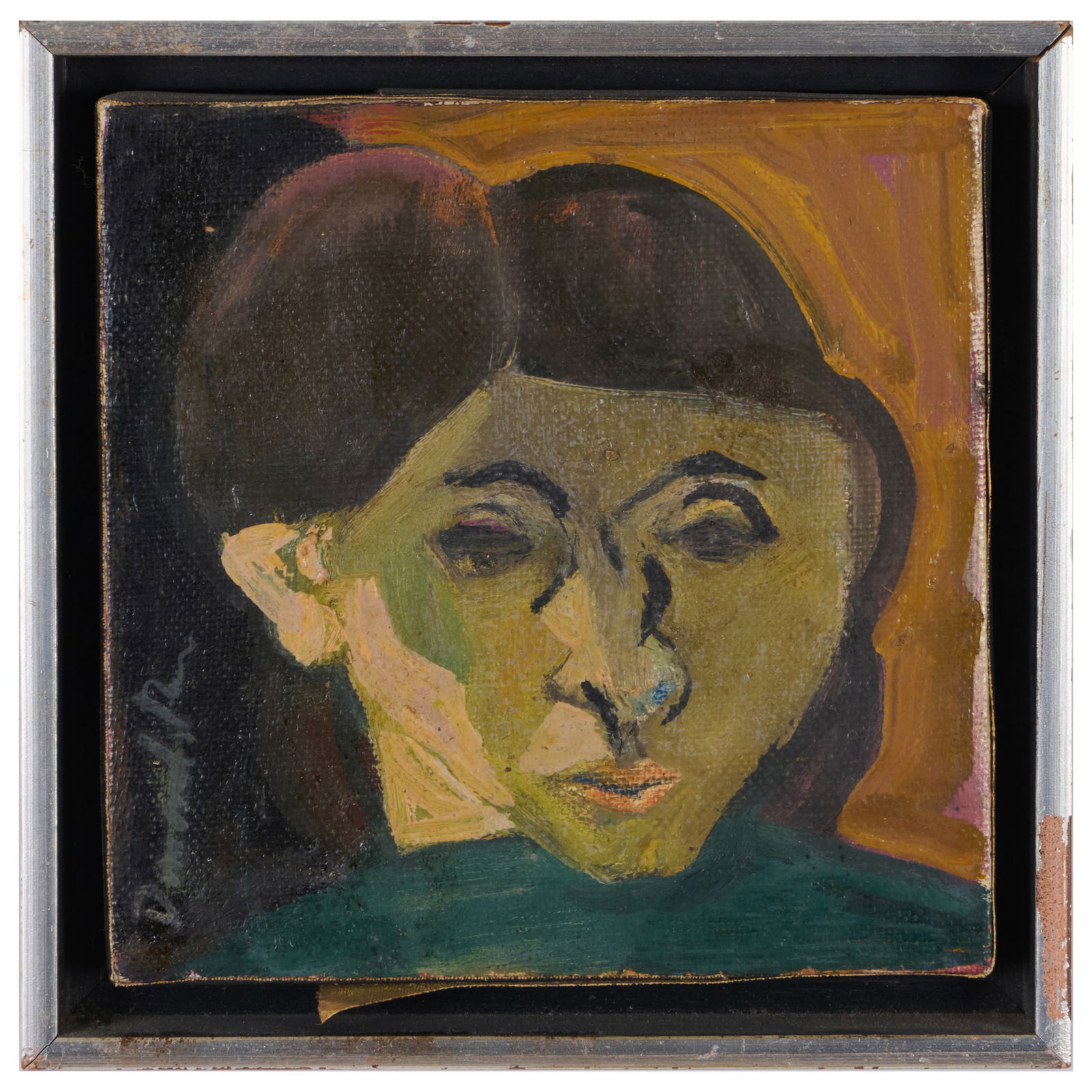 20th Century School: Cubist Portrait: 20th Century School: Cubist Portrait Oil on canvas, unsigned. 6 1/8 x 6 1/8 in., 7 1/4 x 7 1/4 in. (frame). The Collection of Alan and Marilyn Bergman.
