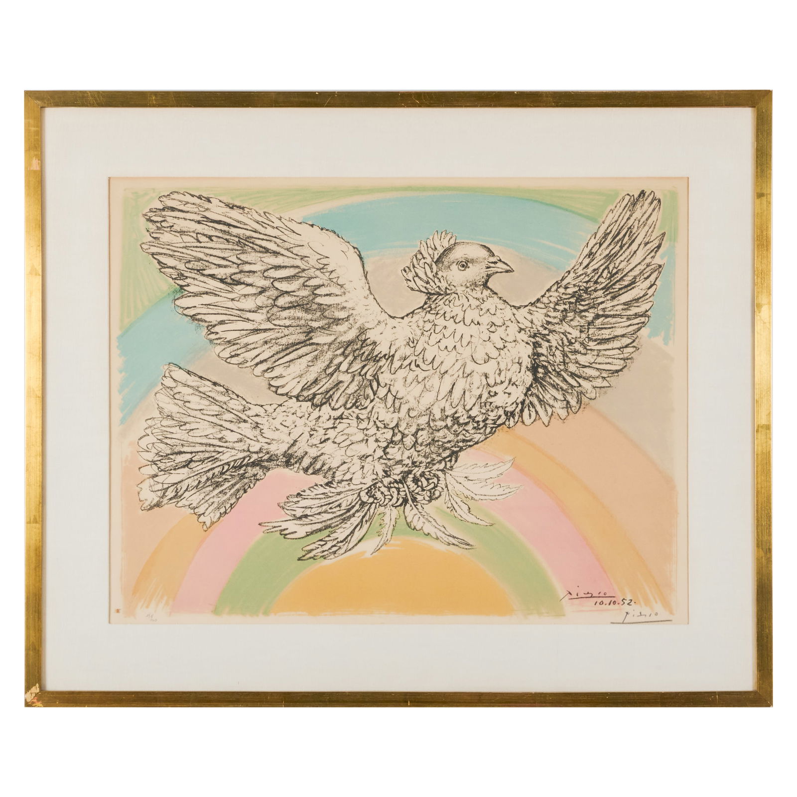 Pablo Picasso (1881-1973): Colombe vollant (l'arc en ciel): Pablo Picasso (1881-1973): Colombe vollant (l'arc en ciel) Lithograph in colors on Arches, 1952, signed and numbered 171/200 in pencil. 22 x 30 in. (sheet), 28 1/4 x 34 1/4 in. (frame). Literature: Bl