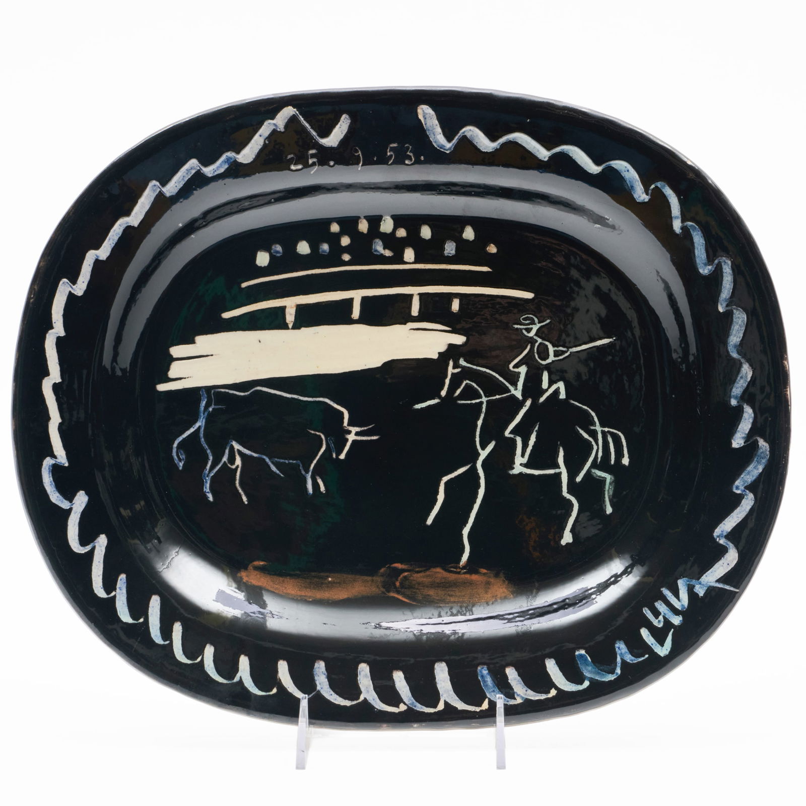 Pablo Picasso (1881-1973): Corrida sur fond noir: Pablo Picasso (1881-1973): Corrida sur fond noir Glazed ceramic, 1953, with the Edition Picasso and Madoura stamps on the underside, from the edition of 500. 12 1/4 x 14 3/4 in. Literature: Ramie 198.