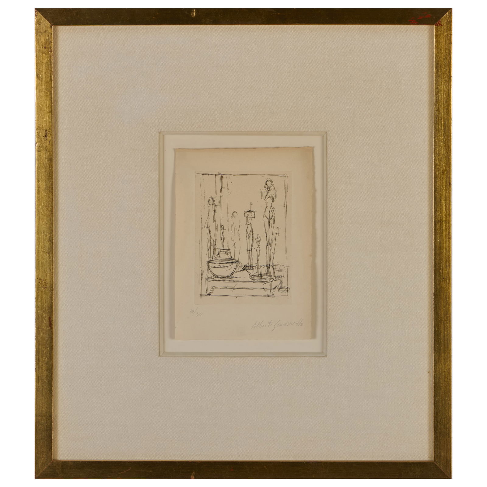 Alberto Giacometti (1901-1966): Sculptor's Atelier: Alberto Giacometti (1901-1966): Sculptor's Atelier Etching in black on wove paper, 1957, signed and numbered 10/30 in pencil, with labels from Esther Robles Gallery, LA. 7 7/8 x 5 1/2 in. (sheet), 19