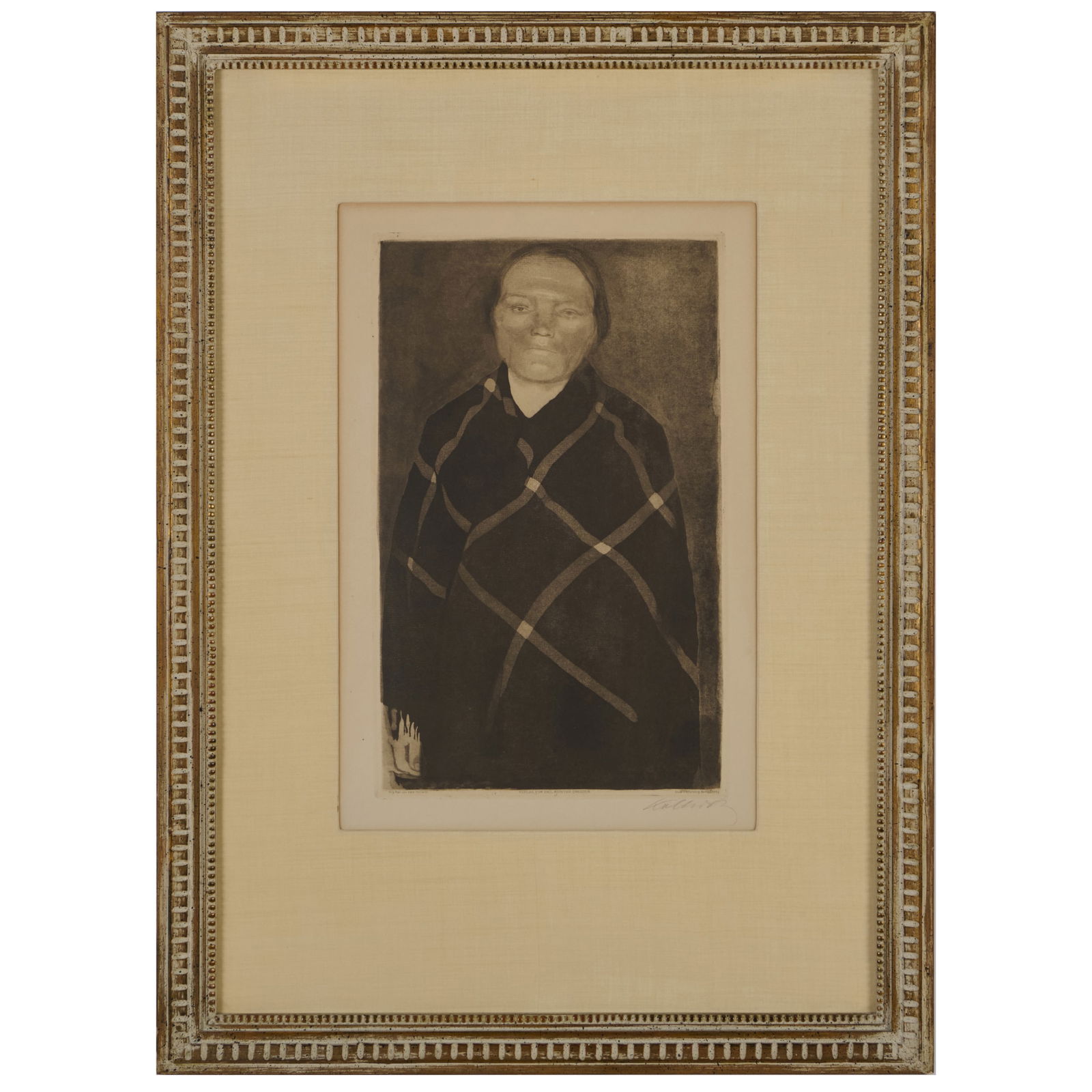 Kathe Kollwitz (1867-1945): Schwangere Frau: Kathe Kollwitz (1867-1945): Schwangere Frau Etching and aquatint in black on wove paper, 1910, signed in pencil. 24 7/8 x 17 1/2 in. (sheet), 27 3/4 x 20 1/4 in. (frame). The Collection of Alan and Ma