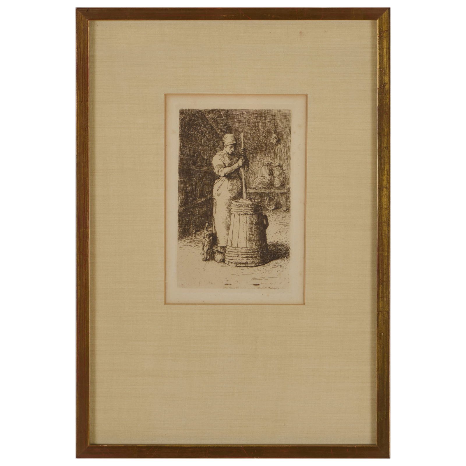 Jean Francois Millet (1814-1875): La Baratteuse: Jean Francois Millet (1814-1875): La Baratteuse Etching in brown on laid paper, c. 1855, unsigned. 7 x 4 3/8 in. (plate), 16 1/2 x 11 1/2 in. (frame). The Collection of Alan and Marilyn Bergman.