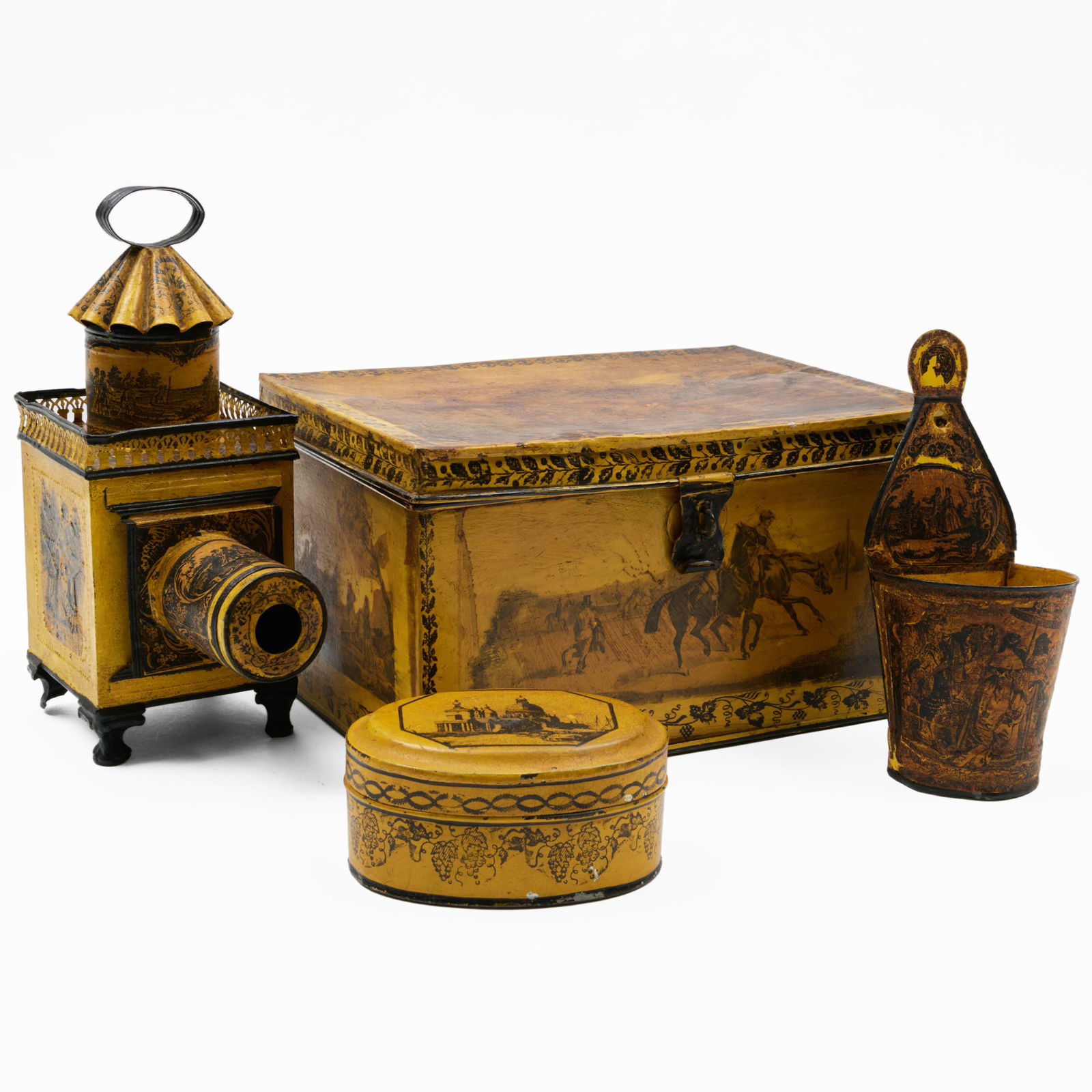 Group of Yellow Ground Tole Peinte Objects: Group of Yellow Ground Tole Peinte Objects The largest, 7 1/2 x 14 x 9 3/4 in., the smallest, 3 1/4 x 6 1/4 x 4 1/2 in. The Collection of Alan and Marilyn Bergman.