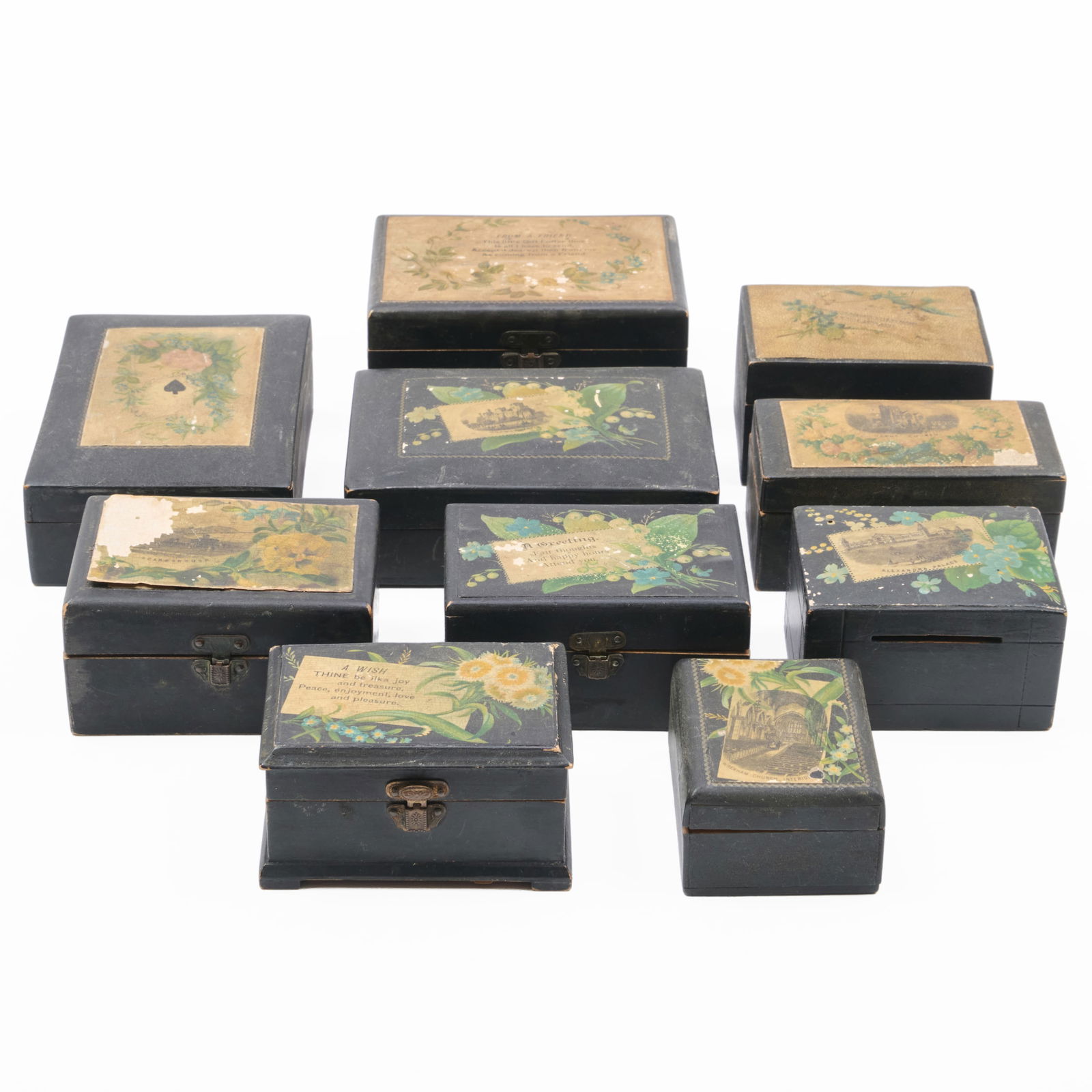 Group of Ten Victorian Black Painted and Papier-Macha Souvenir Boxes: Group of Ten Victorian Black Painted and Papier-Macha Souvenir Boxes The largest 2 x 4 1/4 x 3 1/4 in., the smallest 1 1/2 x 2 1/2 x 2 in. The Collection of Alan and Marilyn Bergman.