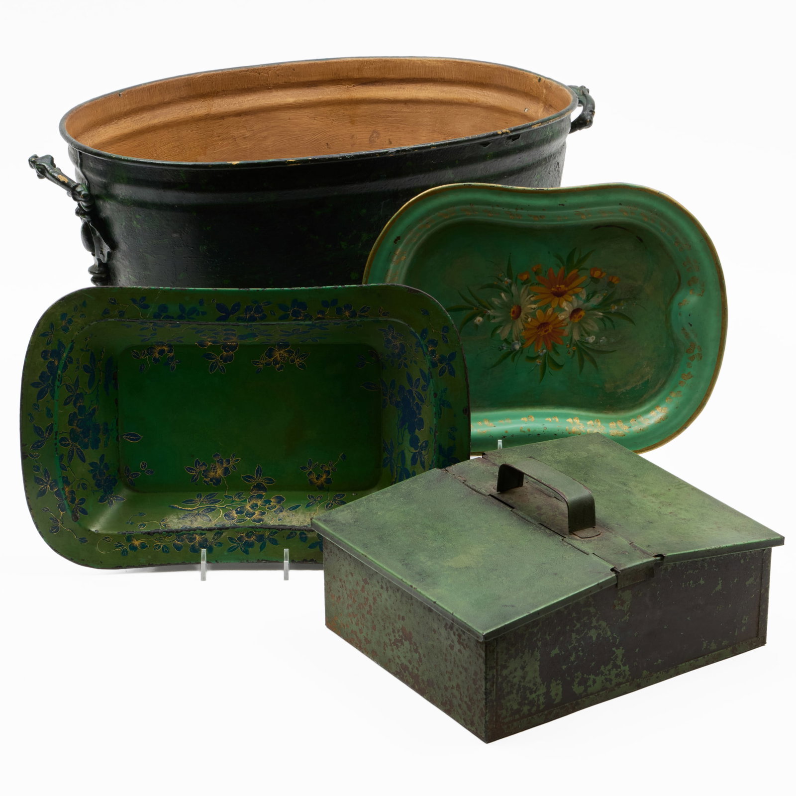 Group of Four Green Tole Peinte Objects: Group of Four Green Tole Peinte Objects The largest 9 1/4 x 21 1/4 x 13 1/4 in., the smallest, 11 3/4 x 9 in. The Collection of Alan and Marilyn Bergman.