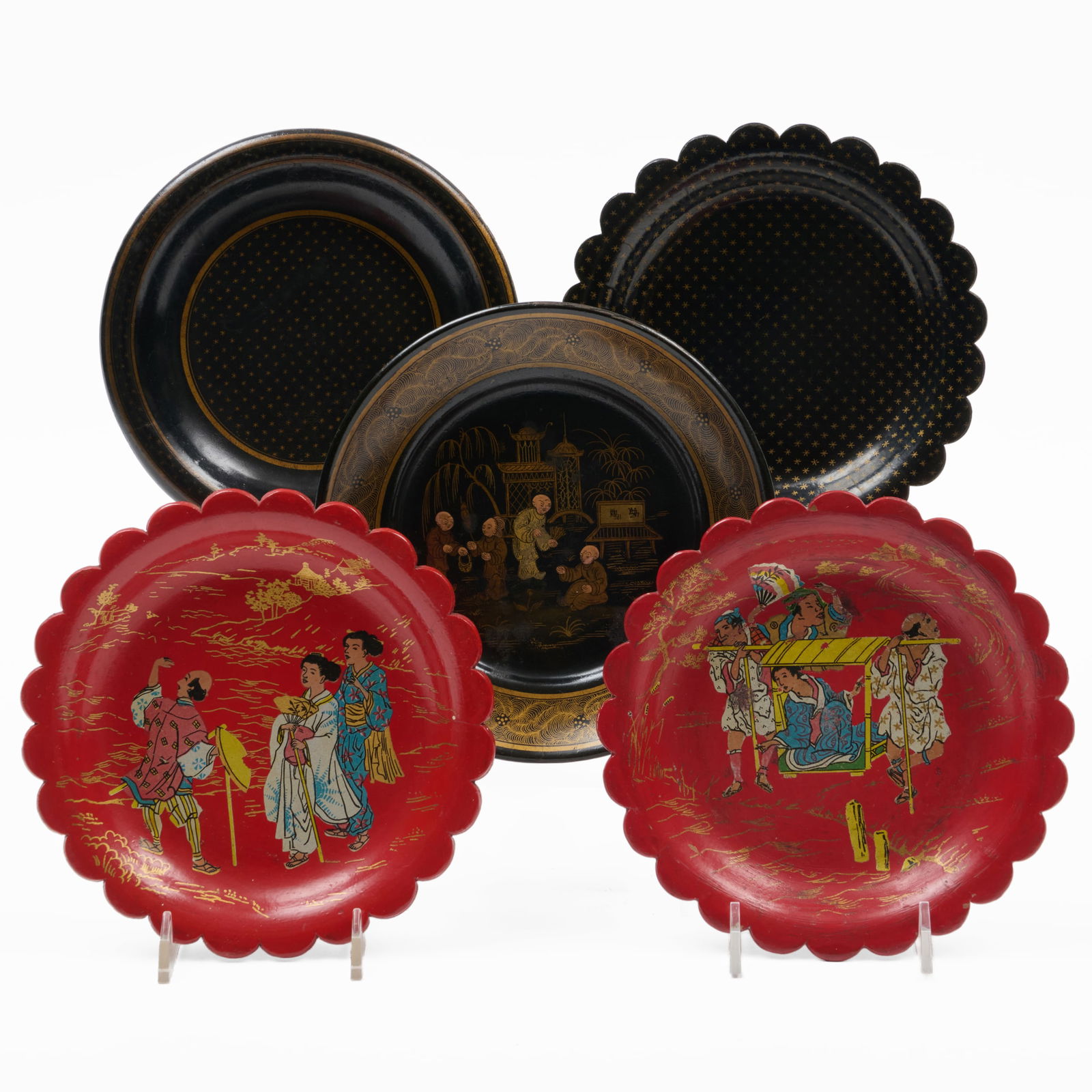 Group of Five Papier-Macha Bottle Coasters: Group of Five Papier-Macha Bottle Coasters All 6 1/2 in. diam. The Collection of Alan and Marilyn Bergman.