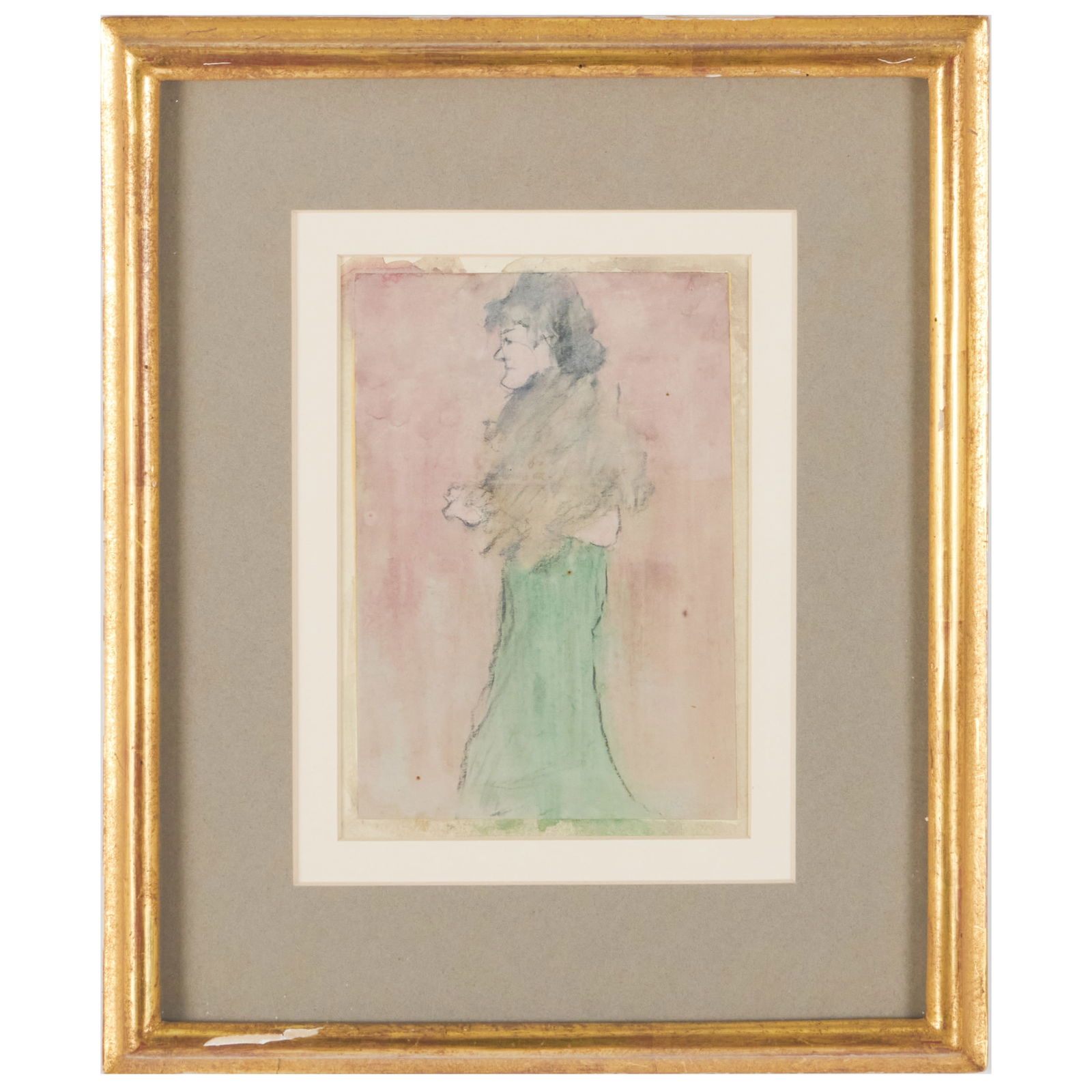 Attributed to Gwen John (1876-1939): Study of a Woman in a Green Dress: Attributed to Gwen John (1876-1939): Study of a Woman in a Green Dress Watercolor and crayon on paper mounted on paperboard, unsigned. 6 3/4 x 4 3/4 in. (sheet), 12 1/4 x 10 1/4 in. (frame). The Colle