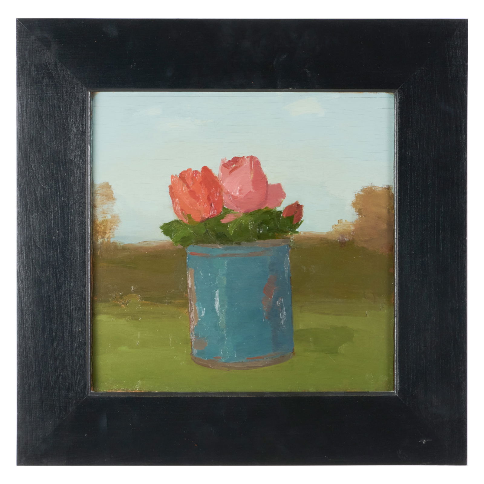 Albert York (1928-2009): Red and Pink Roses in a Blue Can in a Landscape: Albert York (1928-2009): Red and Pink Roses in a Blue Can in a Landscape Oil on board, 1983, unsigned, with labels from Davis & Langdale Company, NY. 12 1/8 x 12 1/2 in., 18 x 18 in. (frame). Exhibite