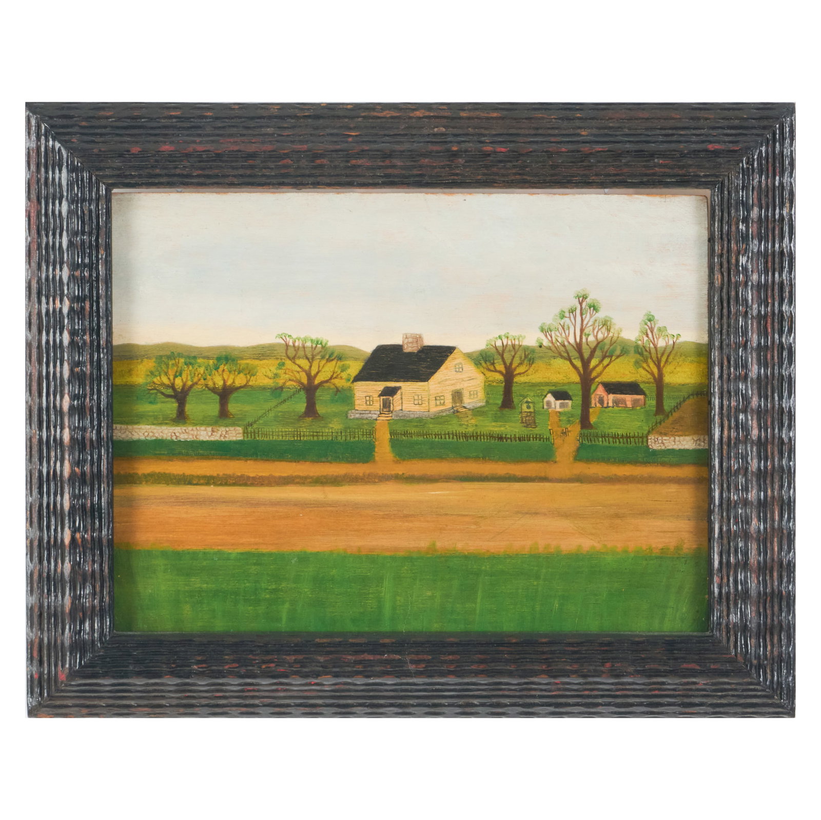 Emile Branchard (1881-1938): Houses in a Landscape: Emile Branchard (1881-1938): Houses in a LandscapeOil on board, inscribed 'Emile Pierre Branchard' on the reverse, with an oil portrait sketch on the reverse, with label from Davis & Langdale