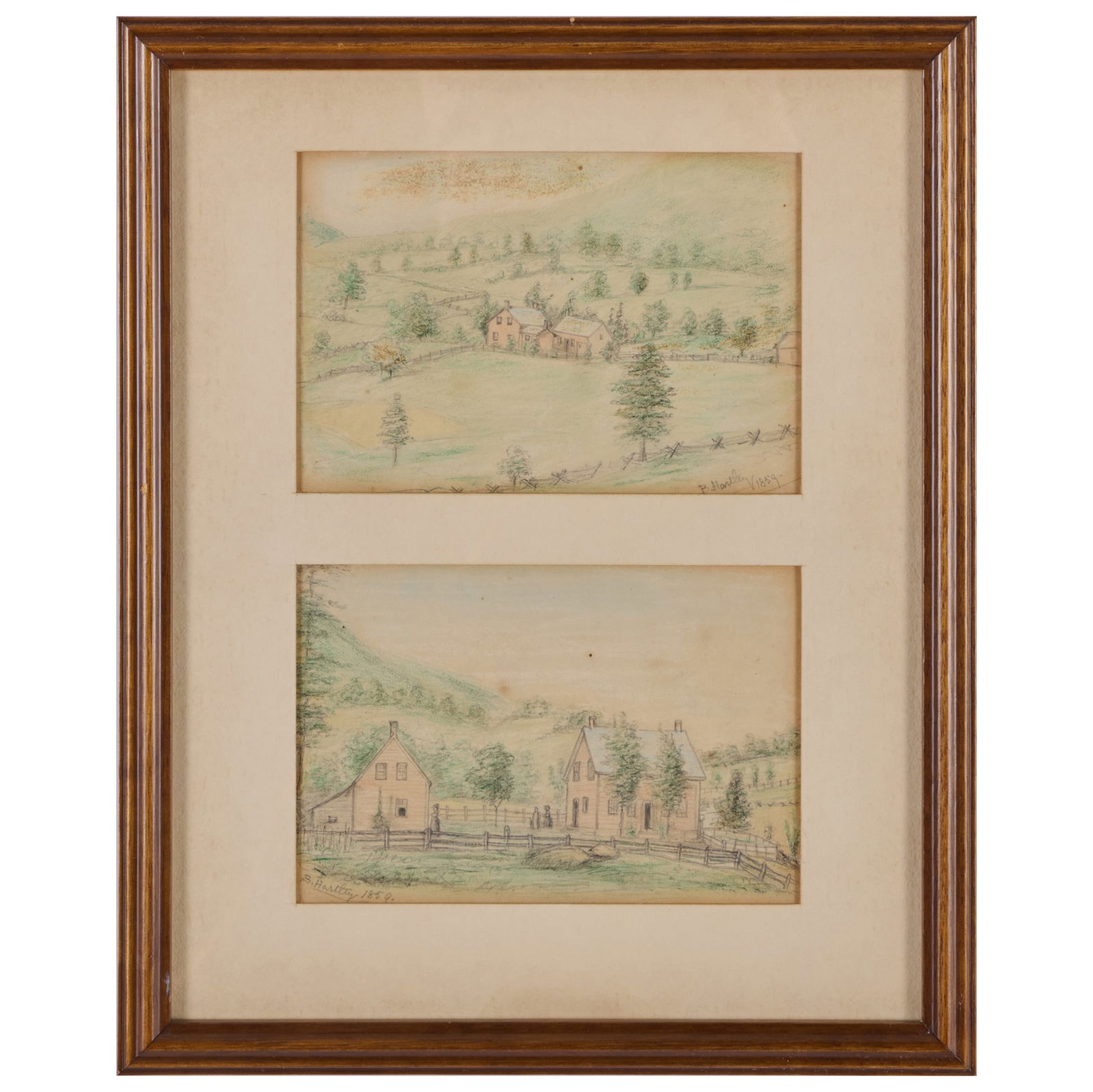 B. Hartley: Farm House in Shaftsbury, VT: A Pair: B. Hartley: Farm House in Shaftsbury, VT: A Pair Two pencil and crayon on paper, 1859, signed 'B. Hartley' and dated lower right and lower left. Both 3 1/2 x 5 in. (sight), 10 3/4 x 8 3/4 in. (framed