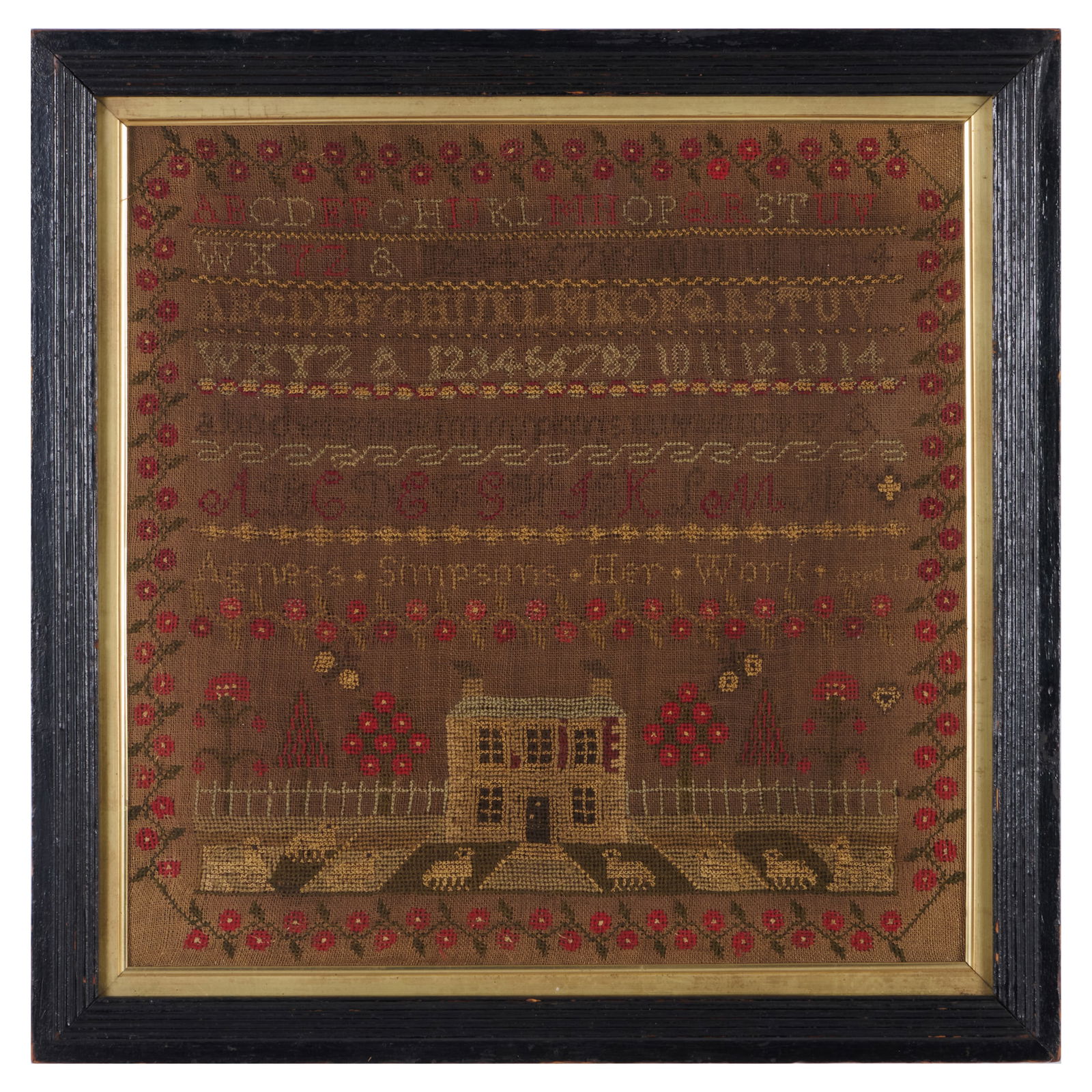 Two Needlework Samplers: Two Needlework Samplers 19 1/4 x 19 1/4 in., frame.17 x 13 in., frame. The Collection of Alan and Marilyn Bergman.