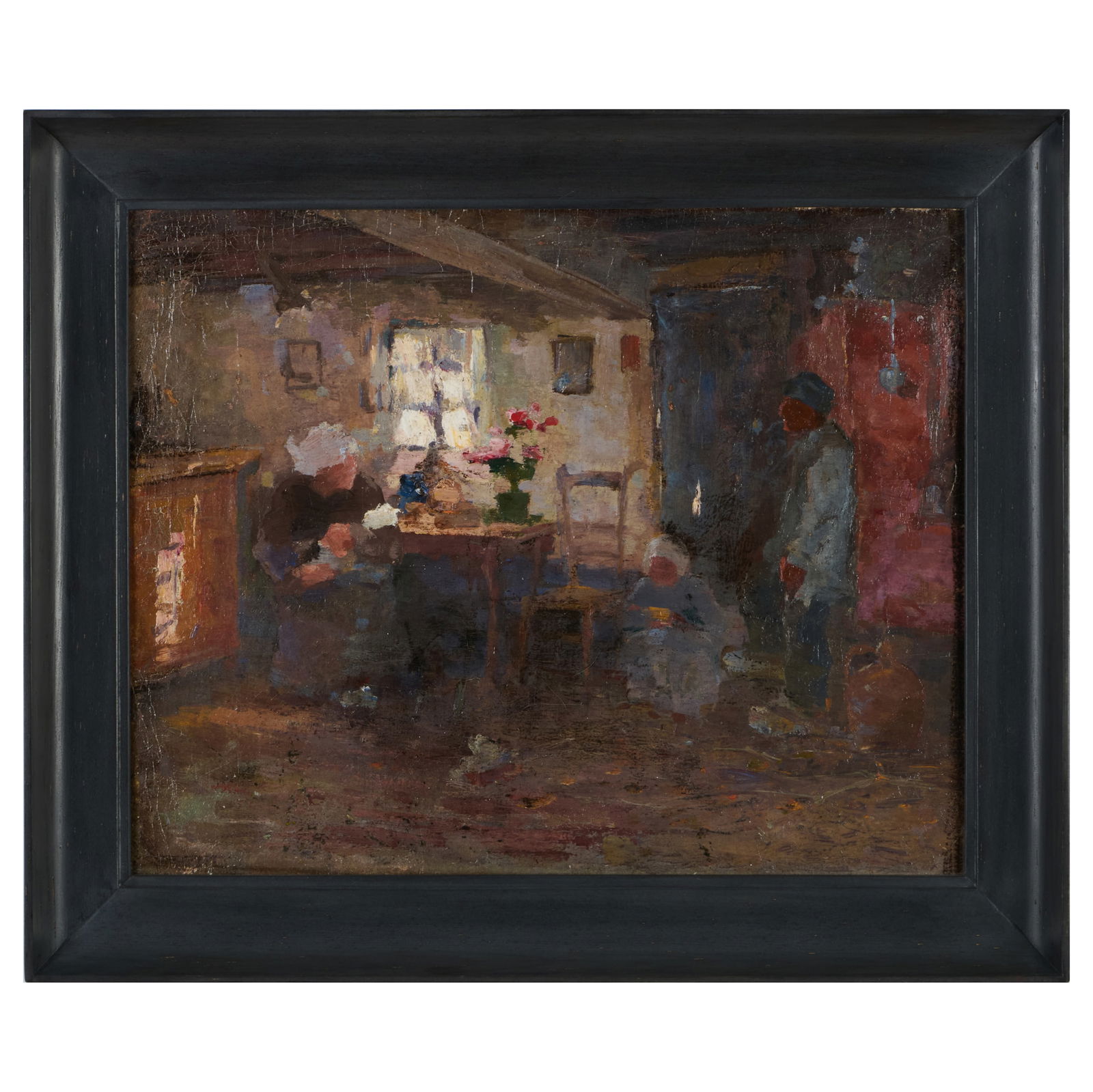 Attributed to Eurilda Loomis France (1860-1931): Cottage Interior: Attributed to Eurilda Loomis France (1860-1931): Cottage InteriorOil on canvas, unsigned, lined, with label from Nicoll Fine Art, Woolwich, ME, lined.16 x 20 in., 20 1/4 x 24 1/4 in. (frame).The