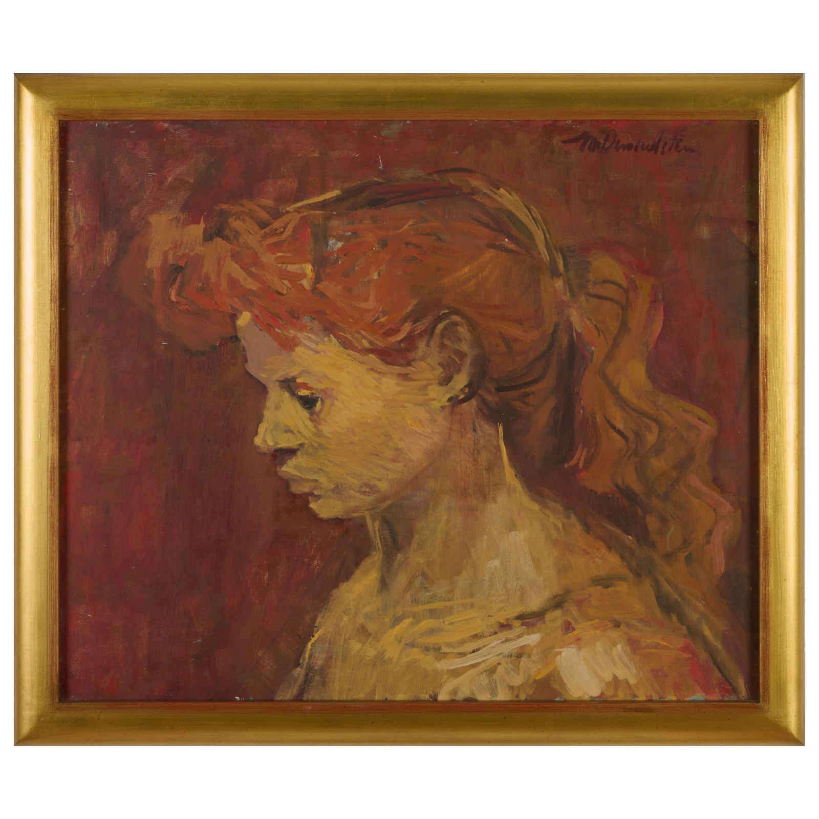 Morton Diamondstein (1920-2000): Portrait in Profile: Morton Diamondstein (1920-2000): Portrait in Profile Oil on board, signed 'M. Diamondstein' upper right. 20 x 24 in., 23 x 27 in. (frame). The Collection of Alan and Marilyn Bergman.