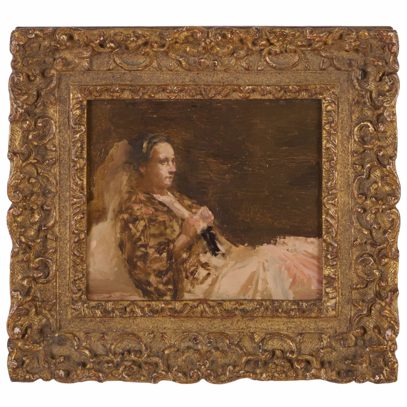 David Levine (1926-2009): The Bedjacket: David Levine (1926-2009): The Bedjacket Oil on board, 1956, unsigned, with label from Davis Galleries, NY, Davis & Langdale Company, NY and The Brooklyn Museum. 6 3/8 x 7 1/2 in., 10 1/2 x 11 1/2 in.