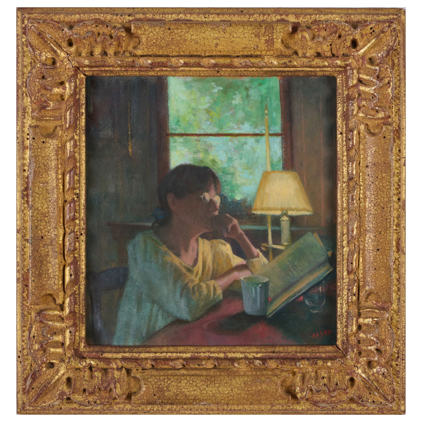Aaron Shikler (1922-2015): Woman Reading II: Aaron Shikler (1922-2015): Woman Reading II Oil on board, 1992, signed with initials 'AAS' and dated lower right, with label from Davis & Langdale Company, NY. 7 x 7 in., 10 1/2 x 10 1/2 in. (frame).