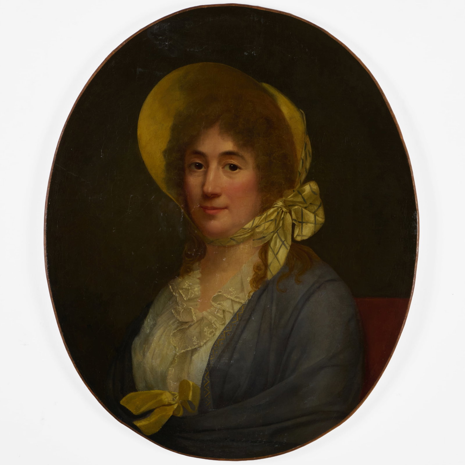 French School: Portrait of a Lady in a Bonnet: French School: Portrait of a Lady in a Bonnet Oil on canvas, unsigned, lined. 28 x 23 in. (oval), unframed. The Collection of Alan and Marilyn Bergman.