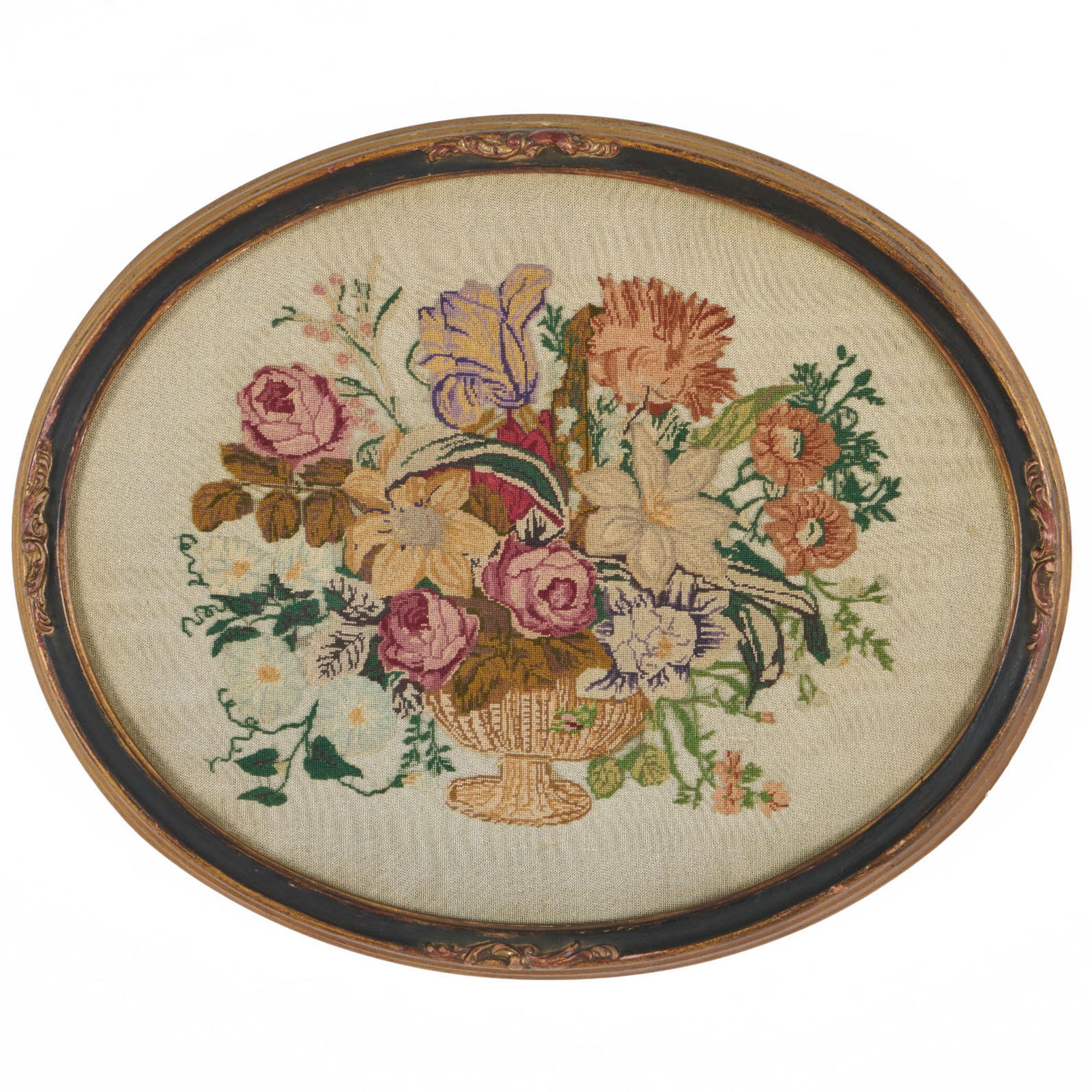 Group of Six English Needlework Pictures: Group of Six English Needlework Pictures Comprising:Two with painted silk and embroidered female figures in ebonized and parcel-gilt frames, 13 1/2 x 11 1/2 in.Two painted silk, chenille, and wool emb