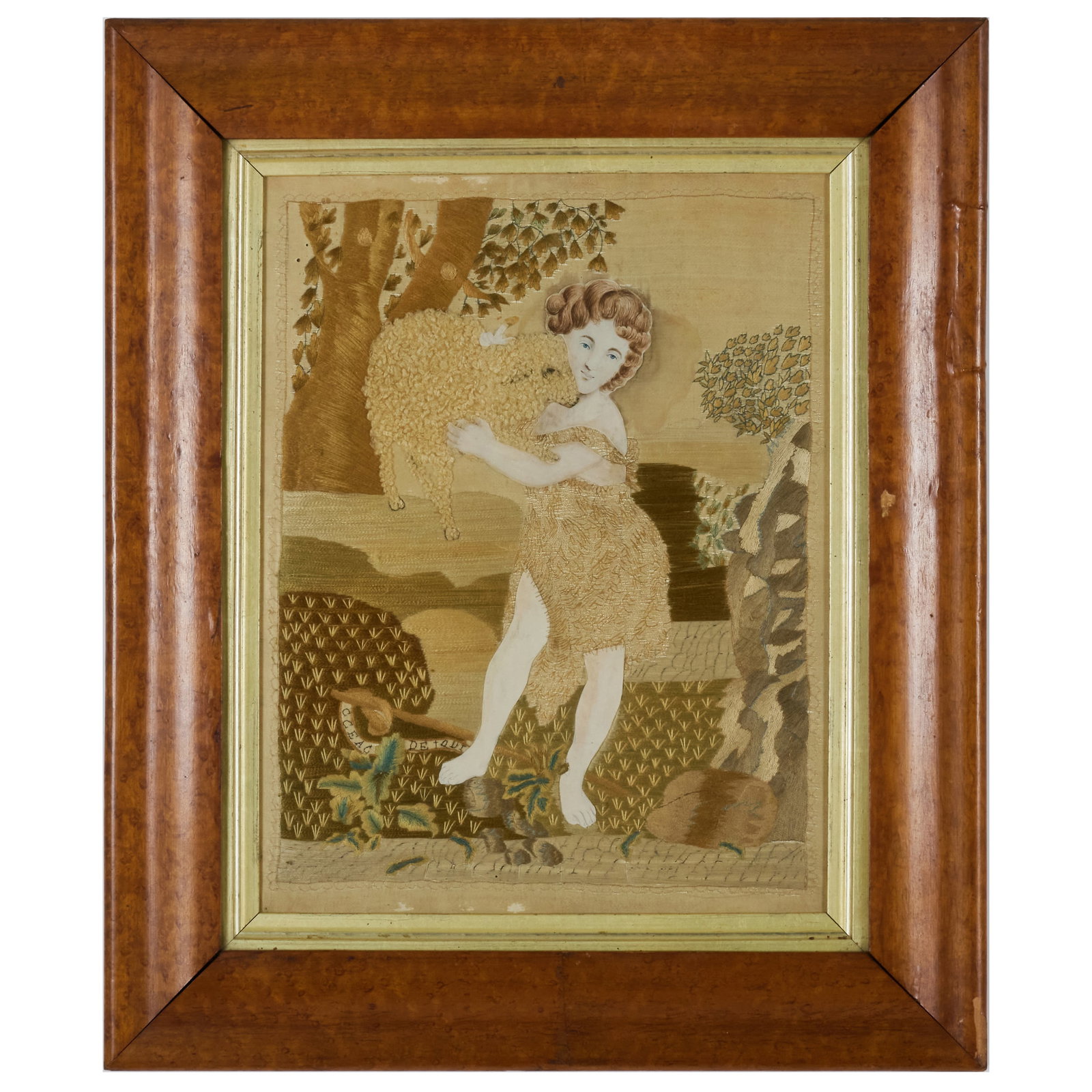 American Embroidered Sampler of a Child with Sheep: American Embroidered Sampler of a Child with Sheep Indistinctly inscribed.20 1/4 x 17 in., frame. The Collection of Alan and Marilyn Bergman.