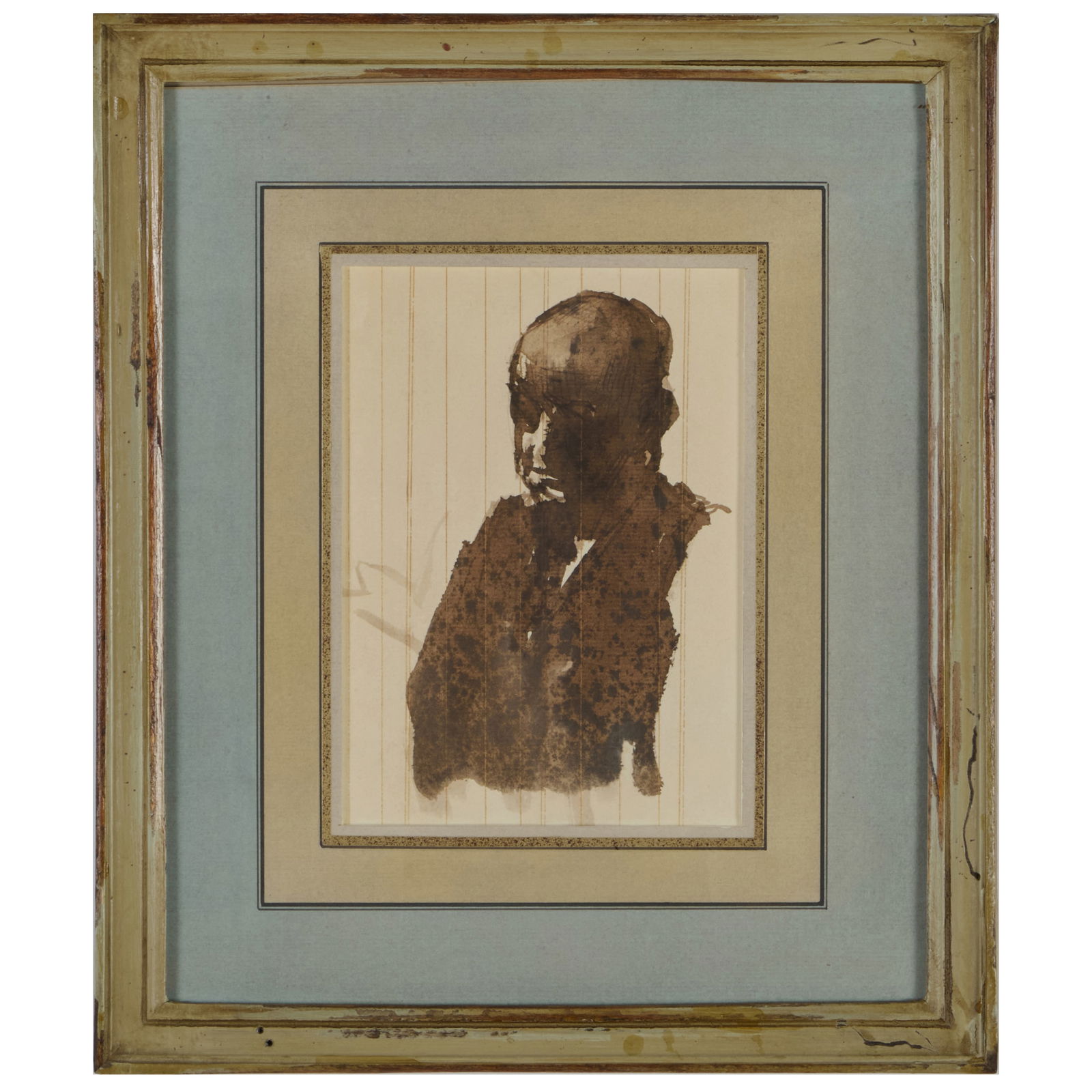 David Levine (1926-2009): Man: David Levine (1926-2009): Man Ink and wash on found paper, c. 1950, unsigned, with label from Davis & Langdale Company, NY. 7 5/8 x 8 1/4 in. (approx. sheet), 13 1/4 x 11 1/4 in. (frame). Davis & Lang